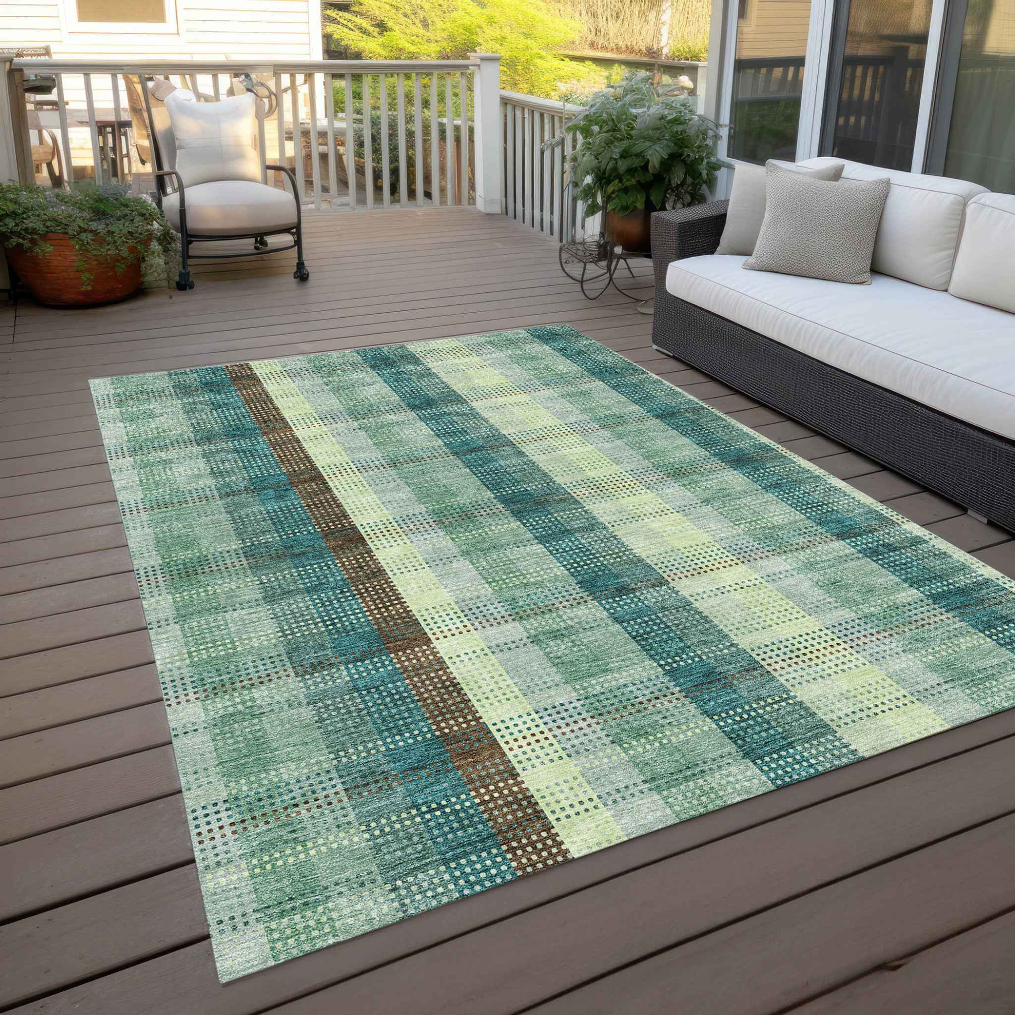 8' X 10' Sage Mint Green And Teal Blue Plaid Washable Indoor Outdoor Area Rug