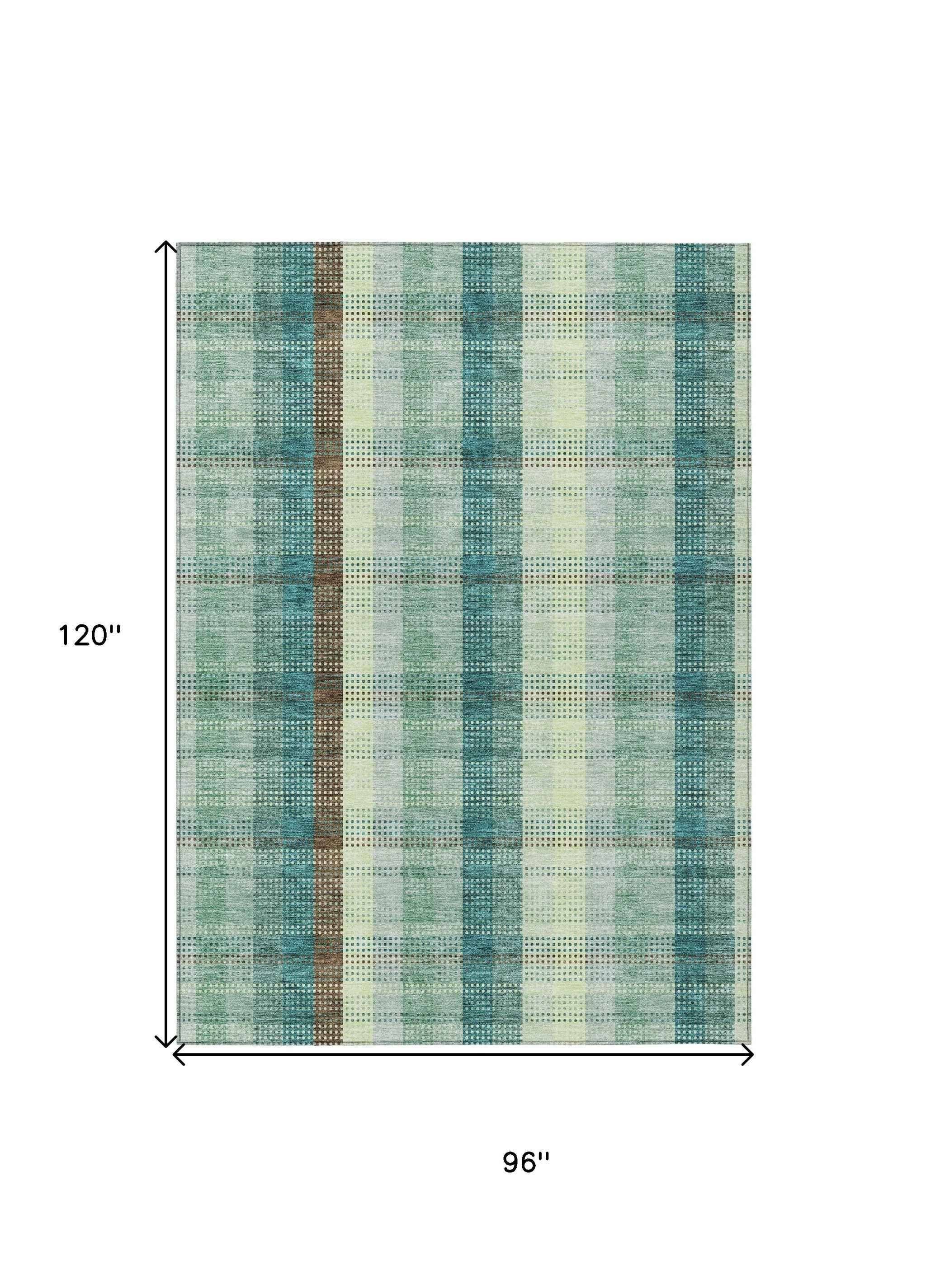 8' X 10' Sage Mint Green And Teal Blue Plaid Washable Indoor Outdoor Area Rug