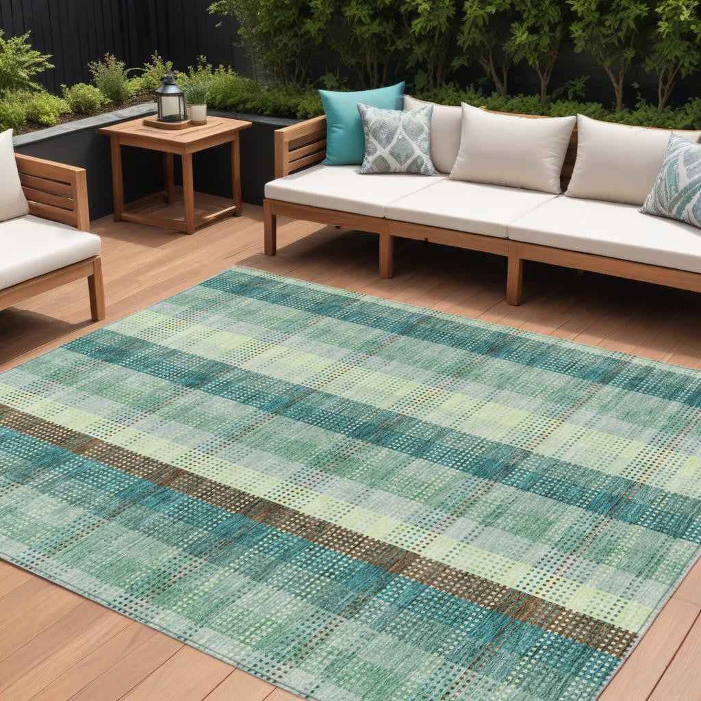 8' X 10' Sage Mint Green And Teal Blue Plaid Washable Indoor Outdoor Area Rug