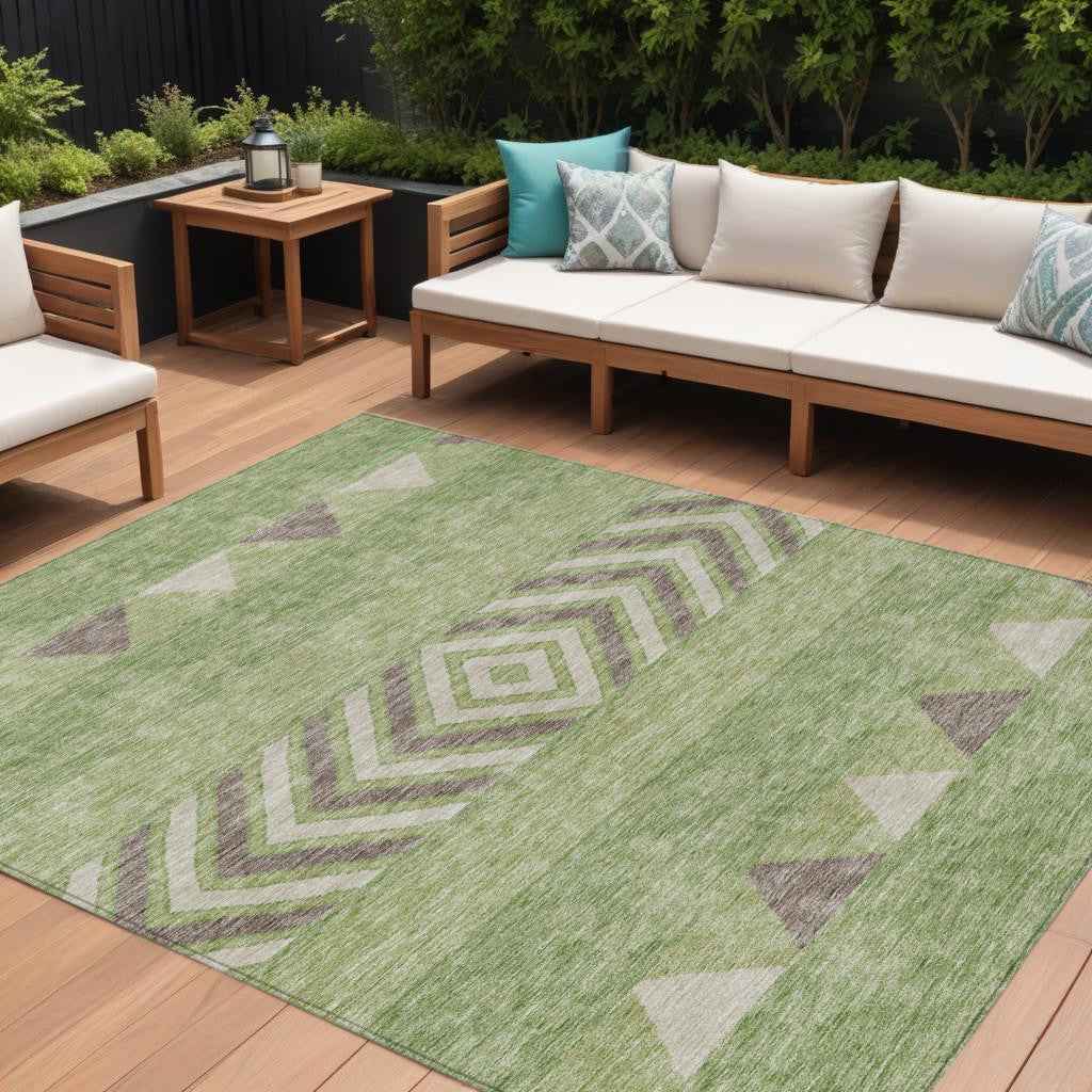 10' X 14' Green Taupe And Ivory Southwestern Washable Indoor Outdoor Area Rug