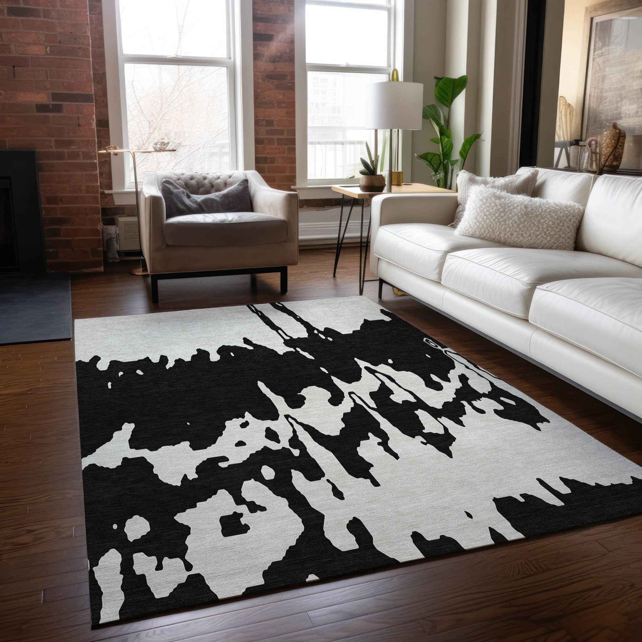 3' X 5' Black And Ivory Abstract Washable Indoor Outdoor Area Rug