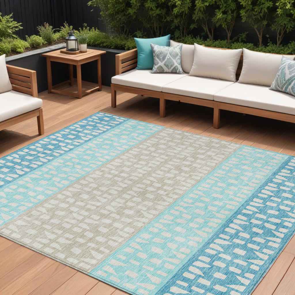 9' X 12' Teal Blue Aqua And Ivory Geometric Washable Indoor Outdoor Area Rug