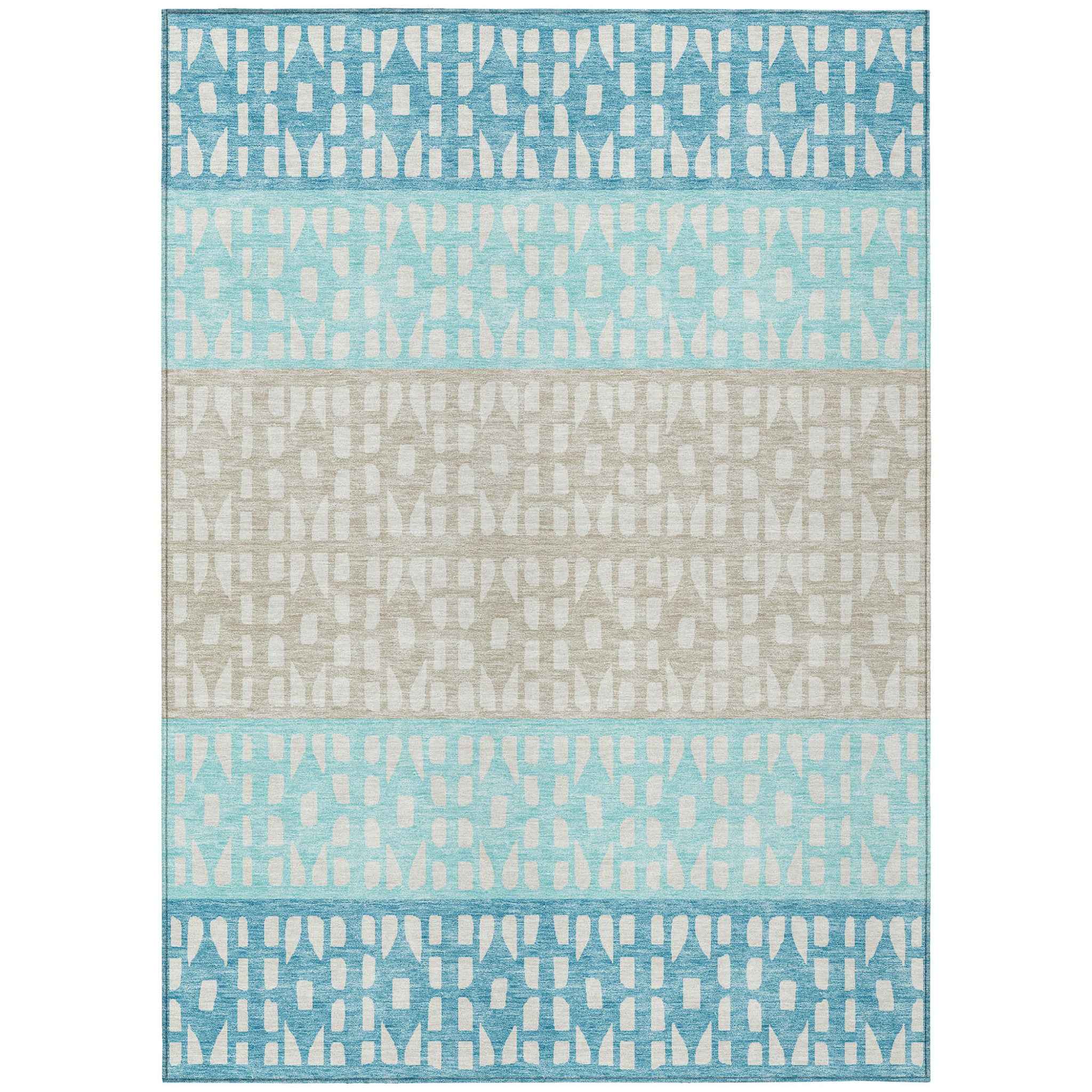 9' X 12' Teal Blue Aqua And Ivory Geometric Washable Indoor Outdoor Area Rug
