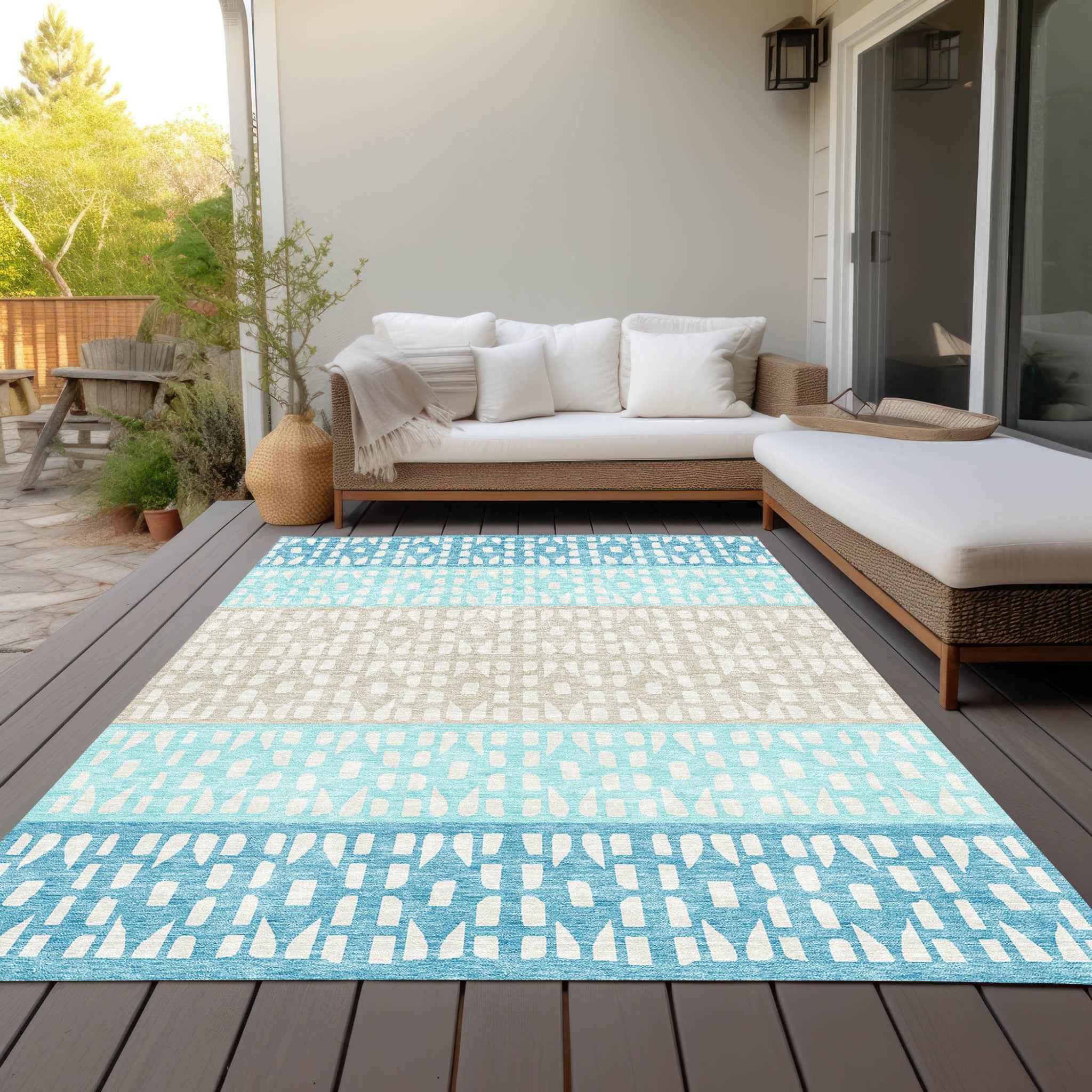 9' X 12' Teal Blue Aqua And Ivory Geometric Washable Indoor Outdoor Area Rug