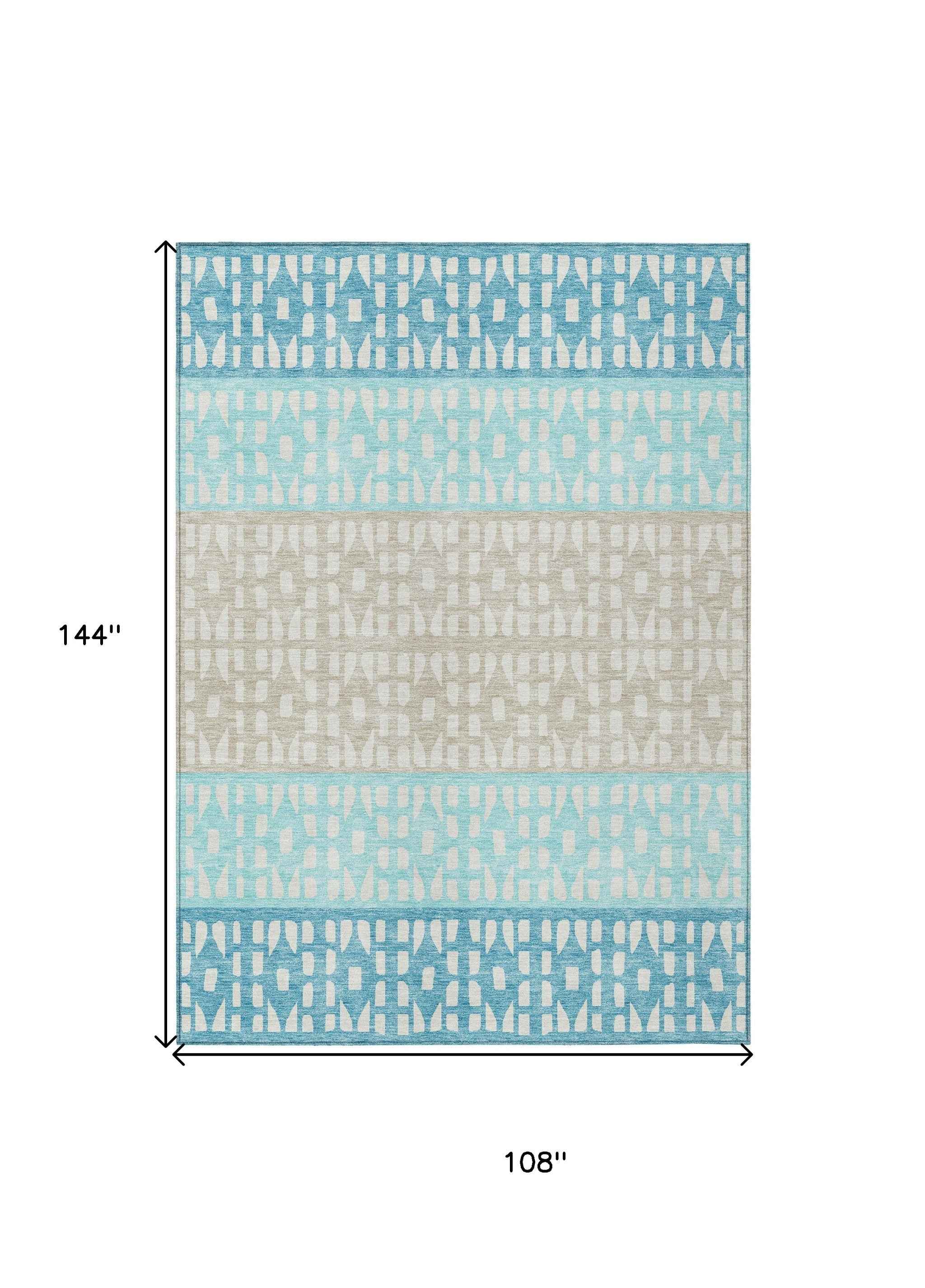 9' X 12' Teal Blue Aqua And Ivory Geometric Washable Indoor Outdoor Area Rug
