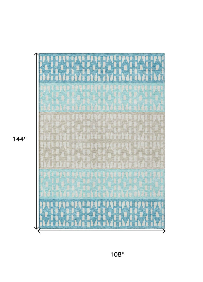 9' X 12' Teal Blue Aqua And Ivory Geometric Washable Indoor Outdoor Area Rug