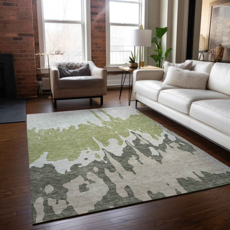 10' X 14' Sage And Ivory Abstract Washable Indoor Outdoor Area Rug