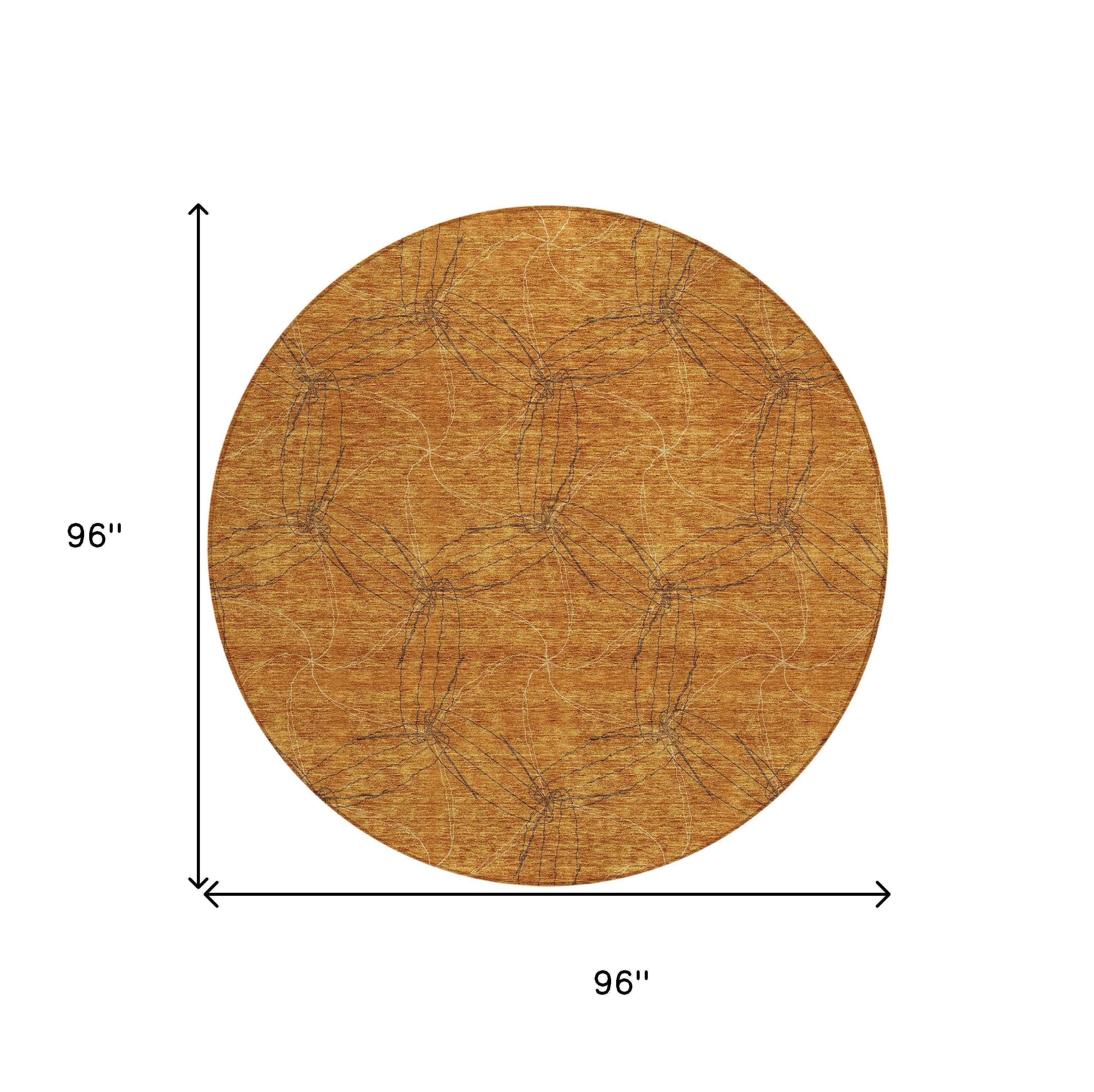 8' Copper And Ivory Round Geometric Washable Indoor Outdoor Area Rug