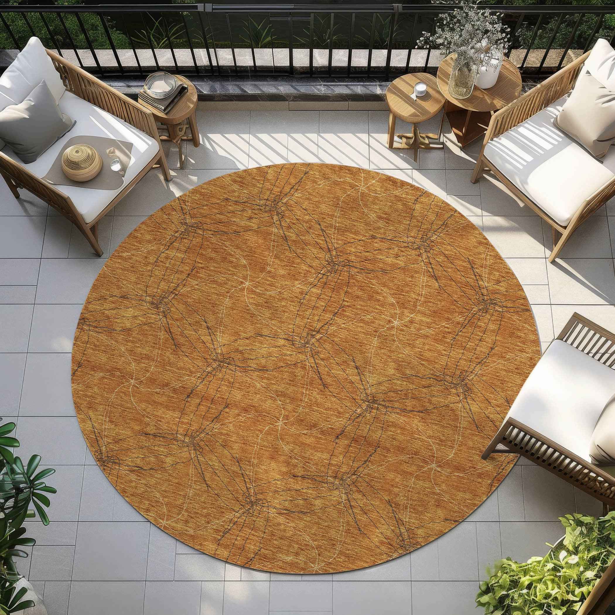 8' Copper And Ivory Round Geometric Washable Indoor Outdoor Area Rug