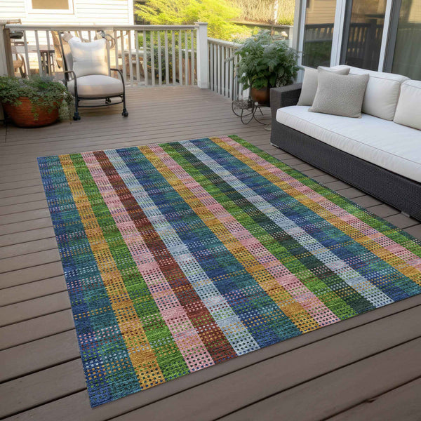 9' X 12' Navy Blue Pink And Sage Plaid Washable Indoor Outdoor Area Rug