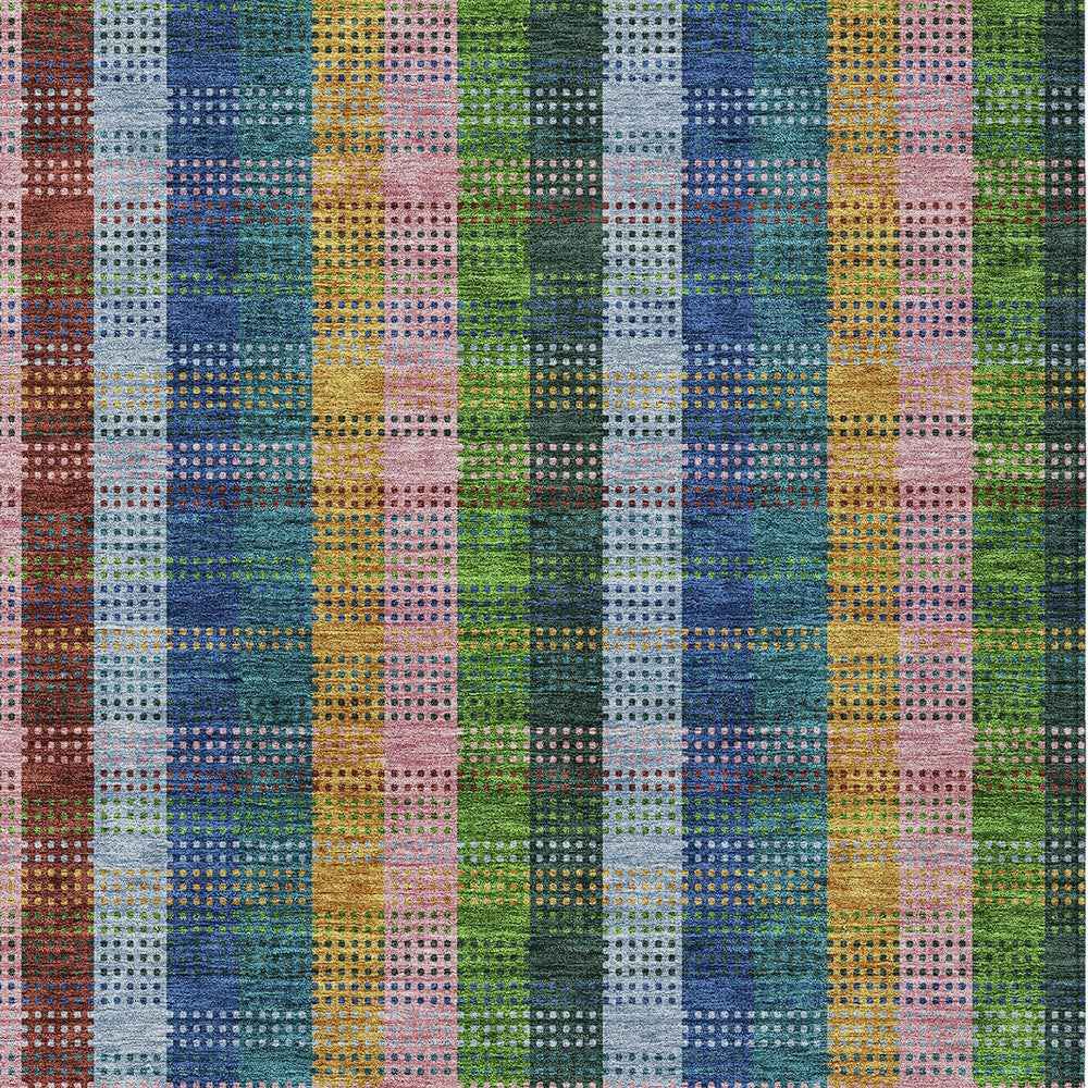 9' X 12' Navy Blue Pink And Sage Plaid Washable Indoor Outdoor Area Rug