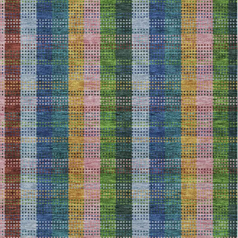 9' X 12' Navy Blue Pink And Sage Plaid Washable Indoor Outdoor Area Rug