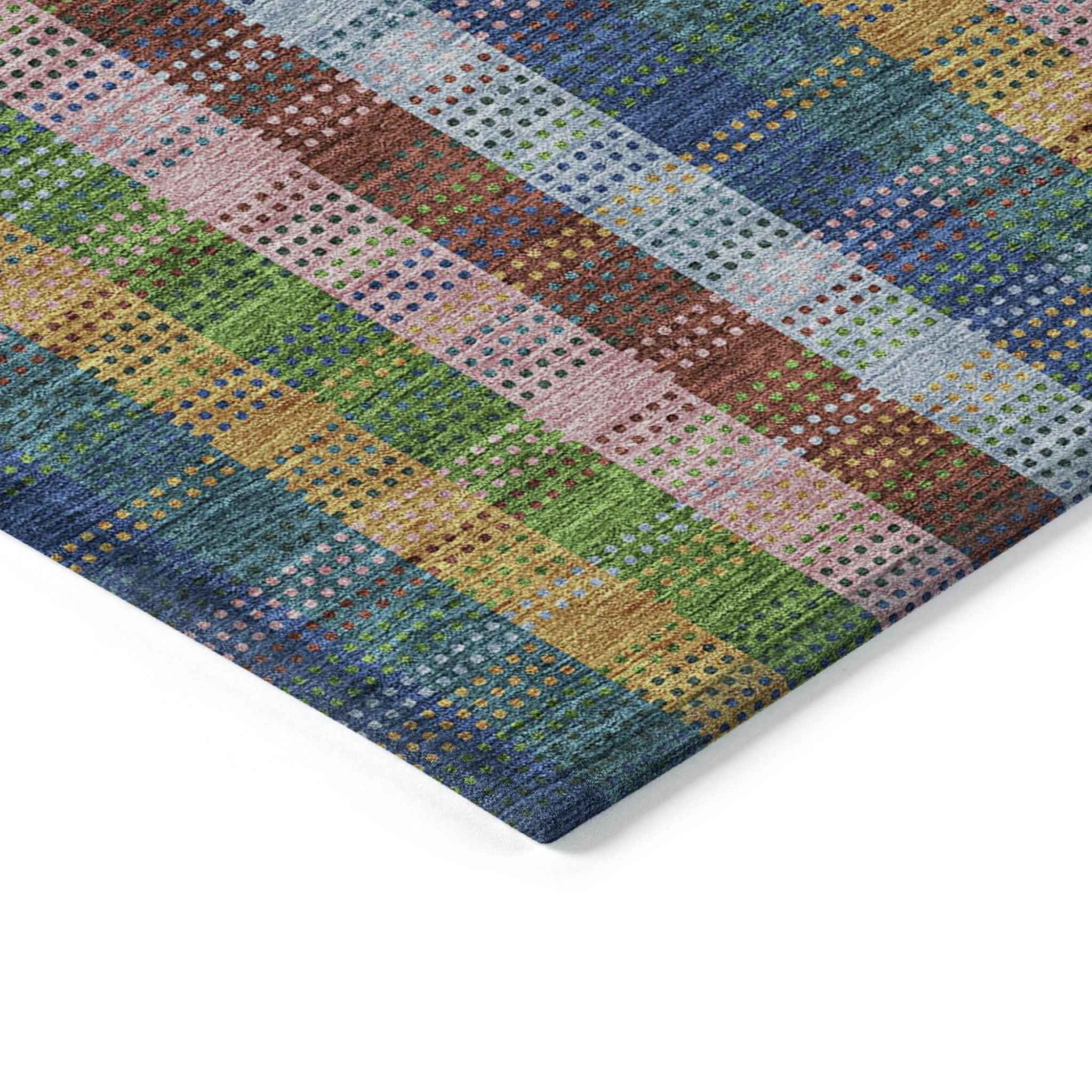 9' X 12' Navy Blue Pink And Sage Plaid Washable Indoor Outdoor Area Rug