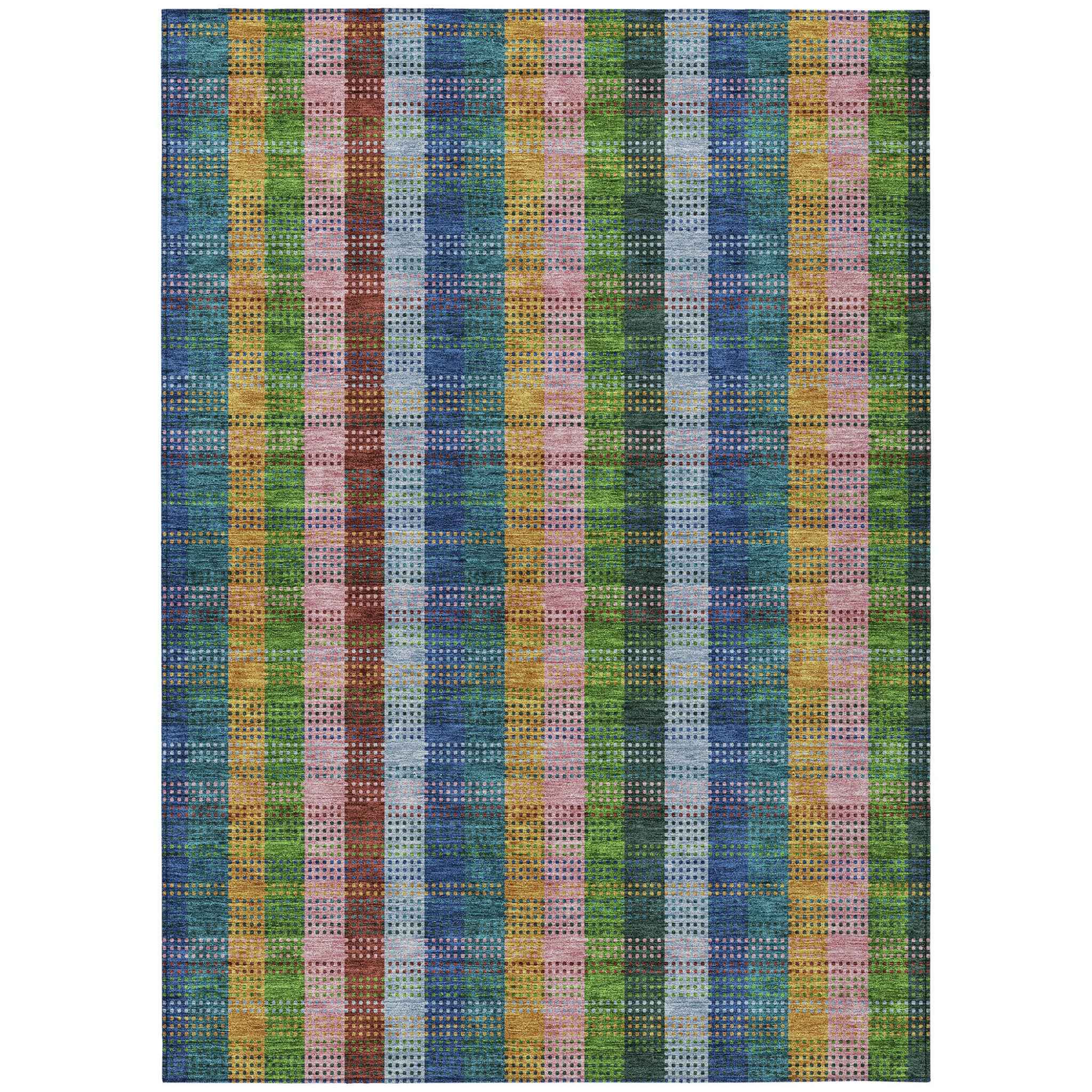 9' X 12' Navy Blue Pink And Sage Plaid Washable Indoor Outdoor Area Rug