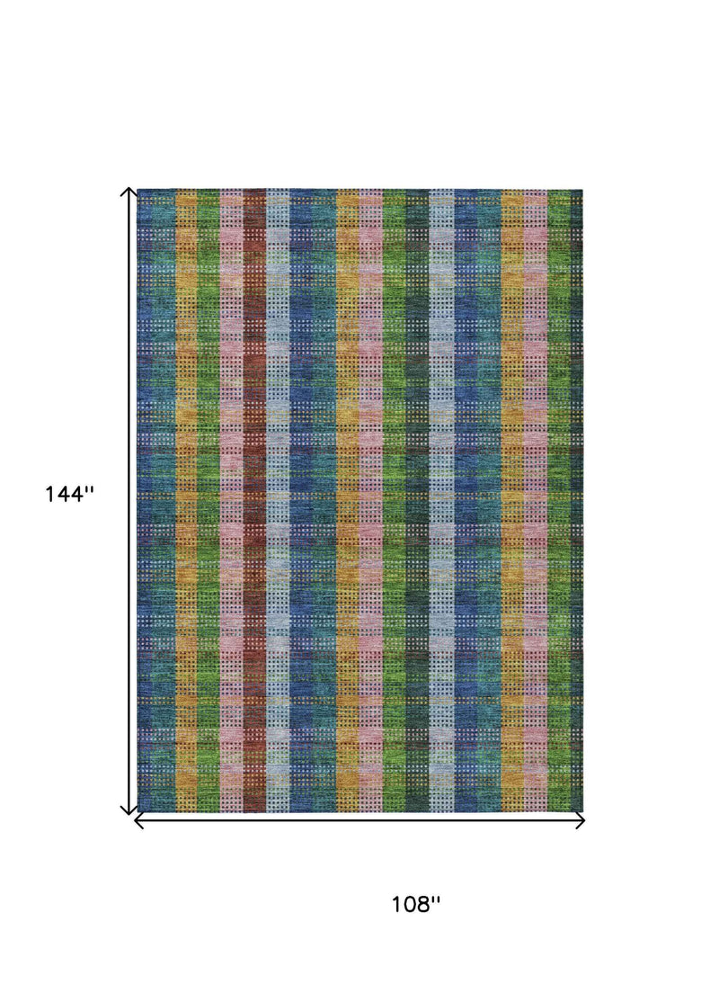 9' X 12' Navy Blue Pink And Sage Plaid Washable Indoor Outdoor Area Rug