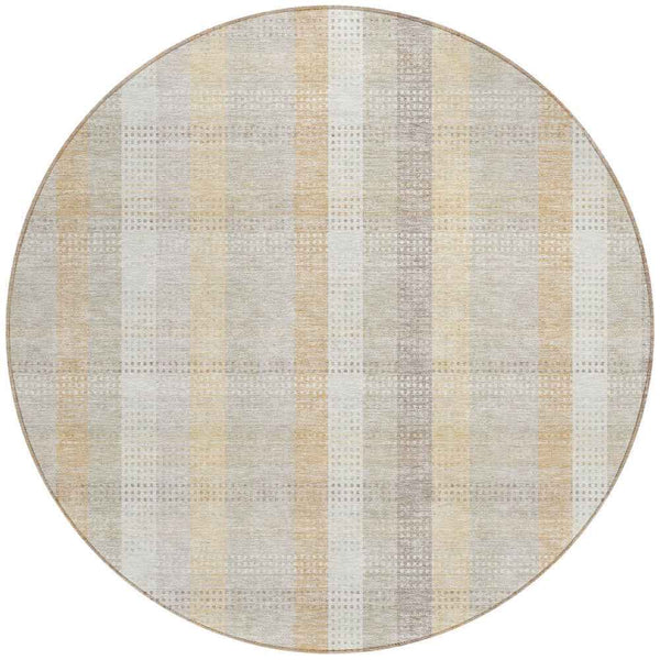 8' Ivory Beige And Tan Round Plaid Washable Indoor Outdoor Area Rug