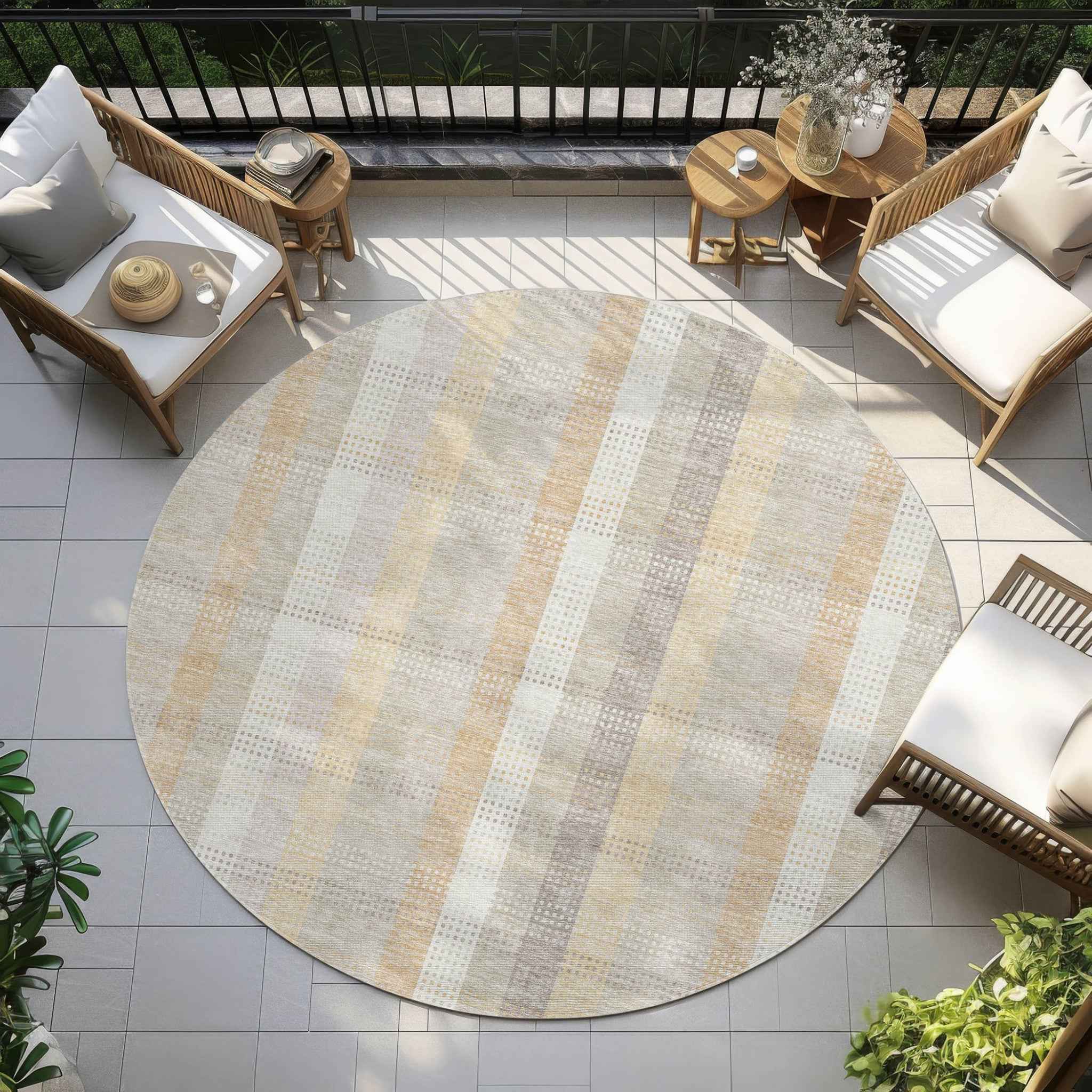 8' Ivory Beige And Tan Round Plaid Washable Indoor Outdoor Area Rug