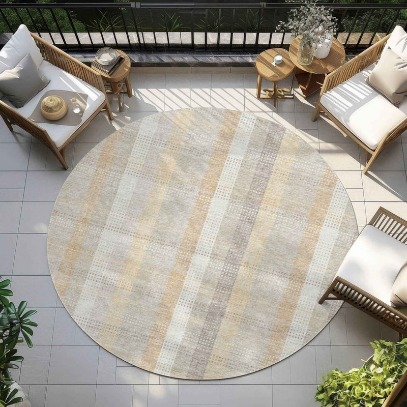 8' Ivory Beige And Tan Round Plaid Washable Indoor Outdoor Area Rug
