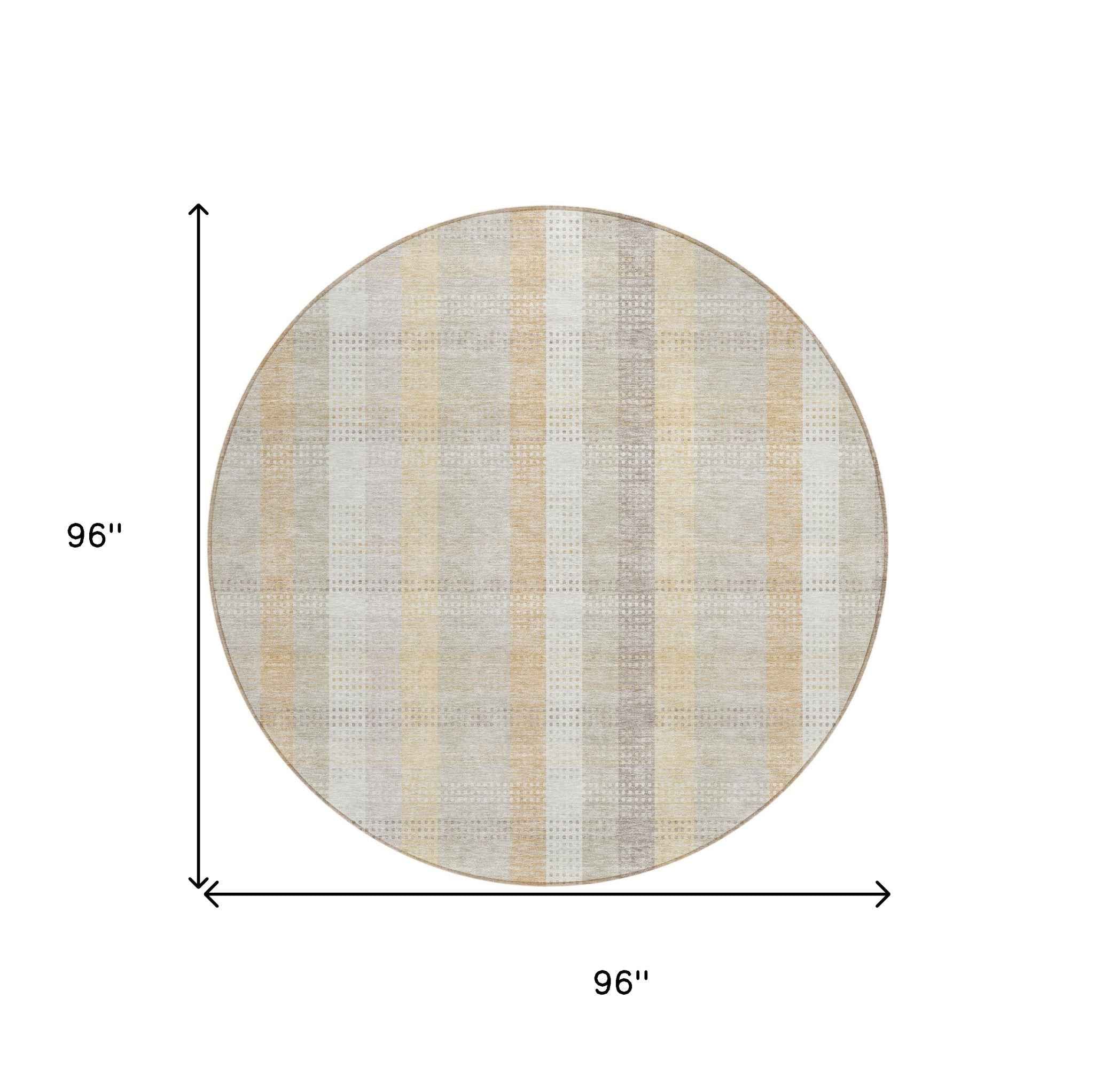 8' Ivory Beige And Tan Round Plaid Washable Indoor Outdoor Area Rug