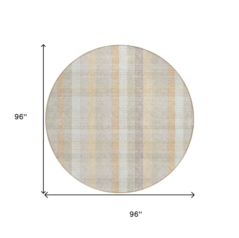 8' Ivory Beige And Tan Round Plaid Washable Indoor Outdoor Area Rug
