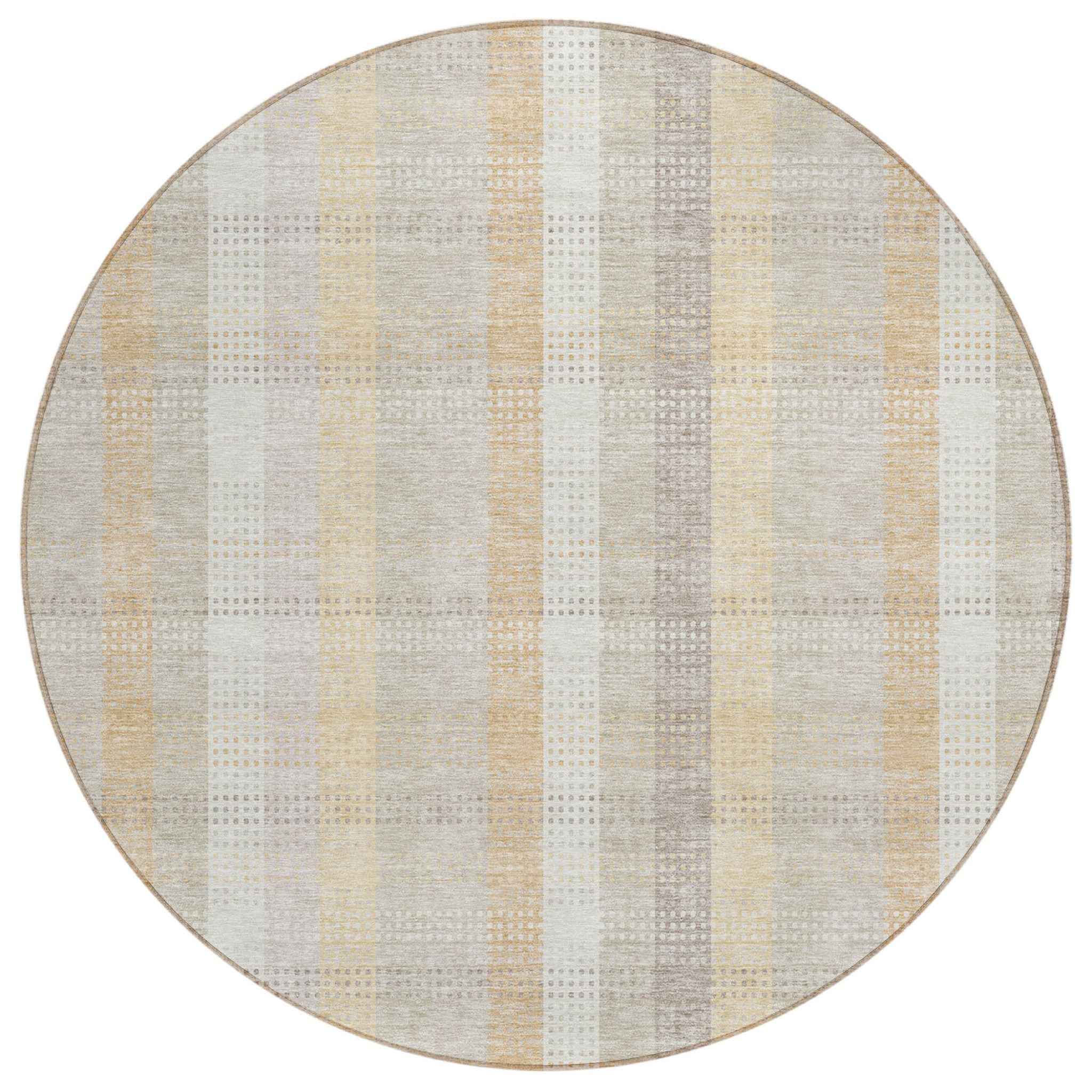 8' Ivory Beige And Tan Round Plaid Washable Indoor Outdoor Area Rug