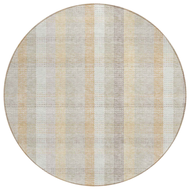 8' Ivory Beige And Tan Round Plaid Washable Indoor Outdoor Area Rug