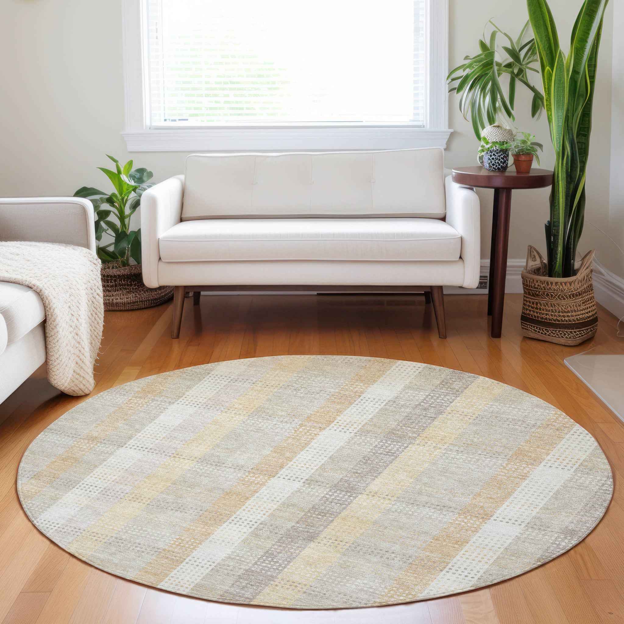 8' Ivory Beige And Tan Round Plaid Washable Indoor Outdoor Area Rug