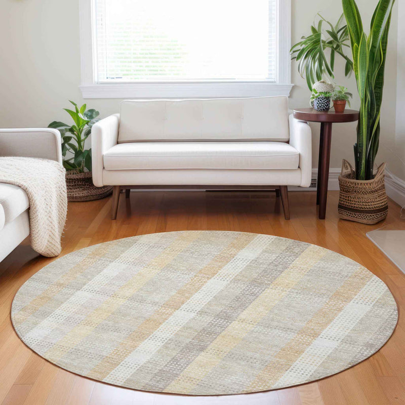 8' Ivory Beige And Tan Round Plaid Washable Indoor Outdoor Area Rug