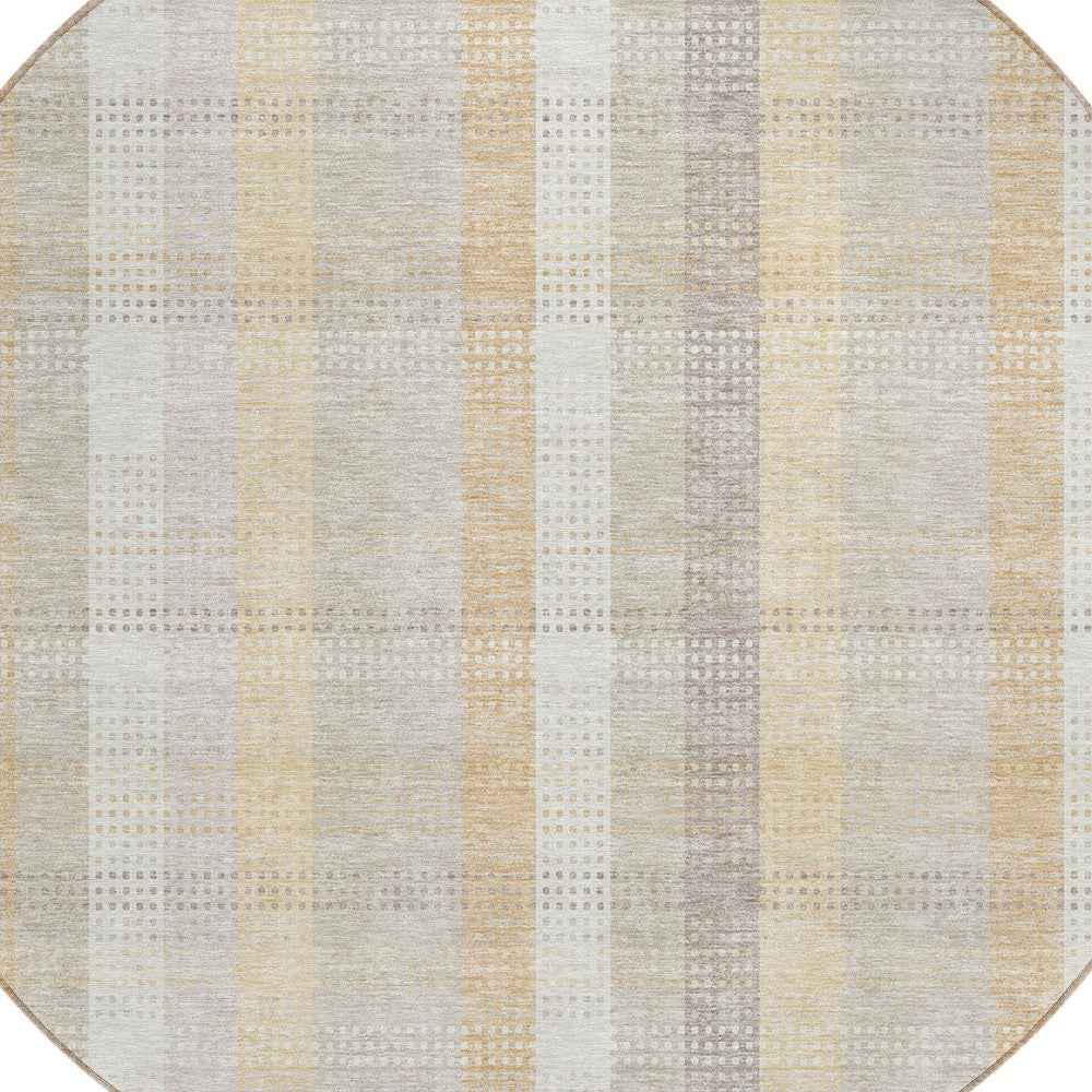 8' Ivory Beige And Tan Round Plaid Washable Indoor Outdoor Area Rug