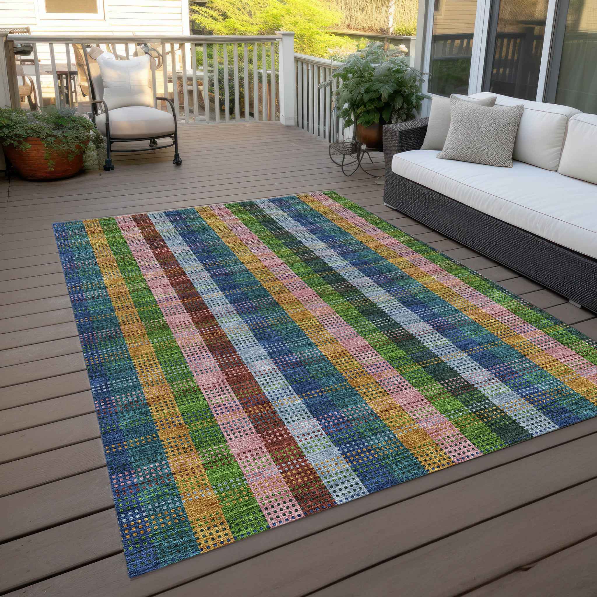 5' X 8' Navy Blue Pink And Sage Plaid Washable Indoor Outdoor Area Rug