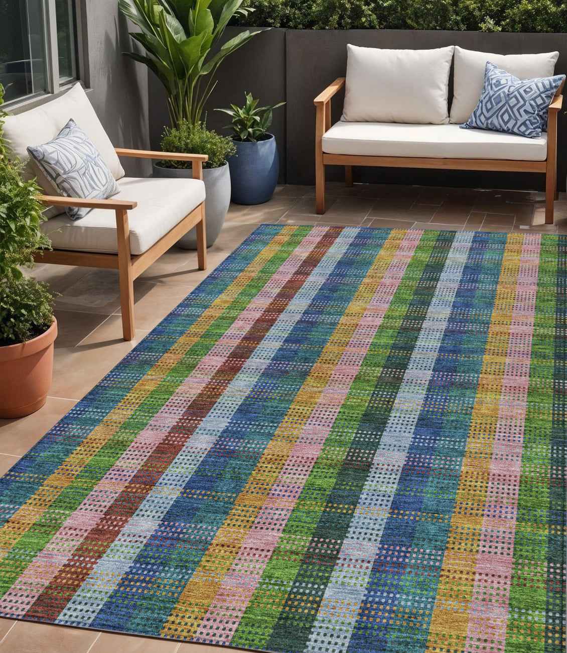 5' X 8' Navy Blue Pink And Sage Plaid Washable Indoor Outdoor Area Rug