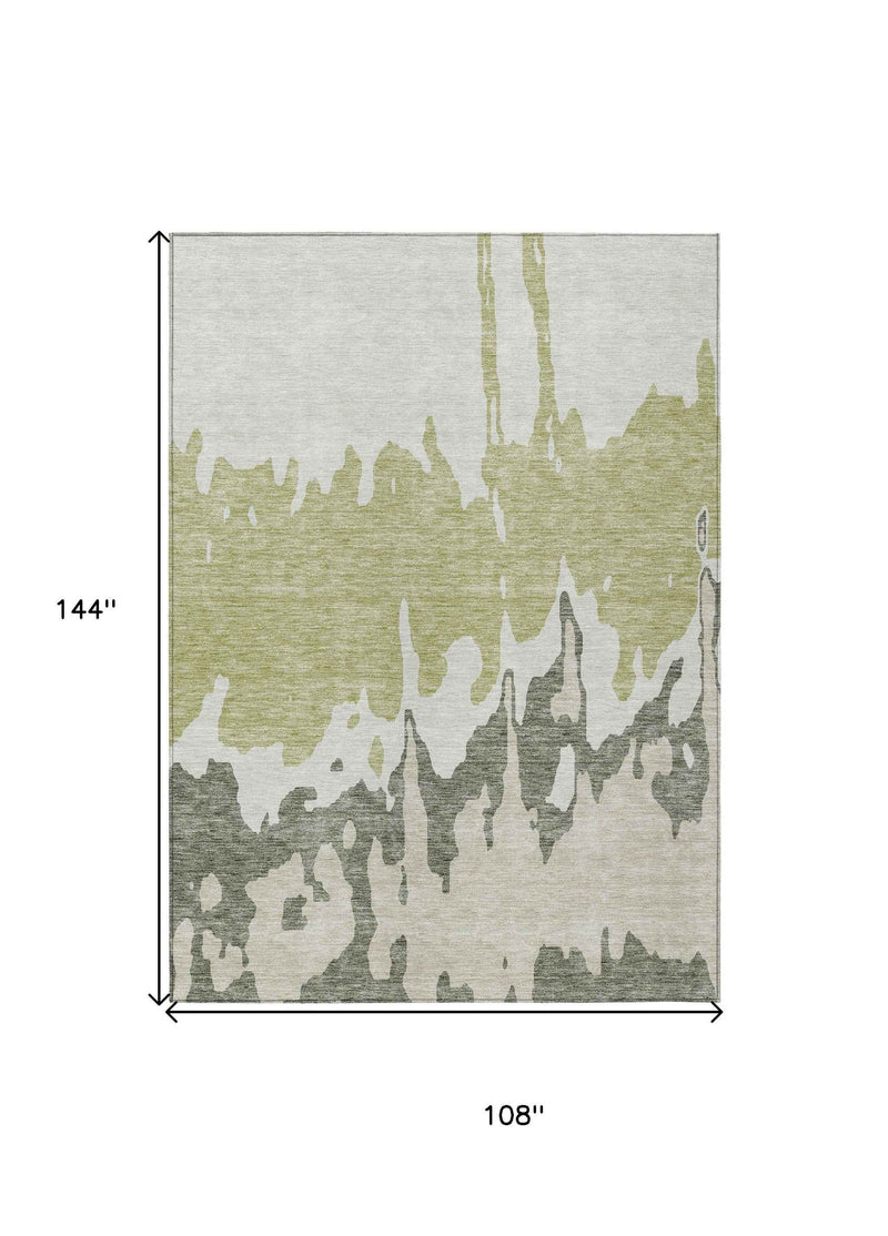 9' X 12' Sage And Ivory Abstract Washable Indoor Outdoor Area Rug