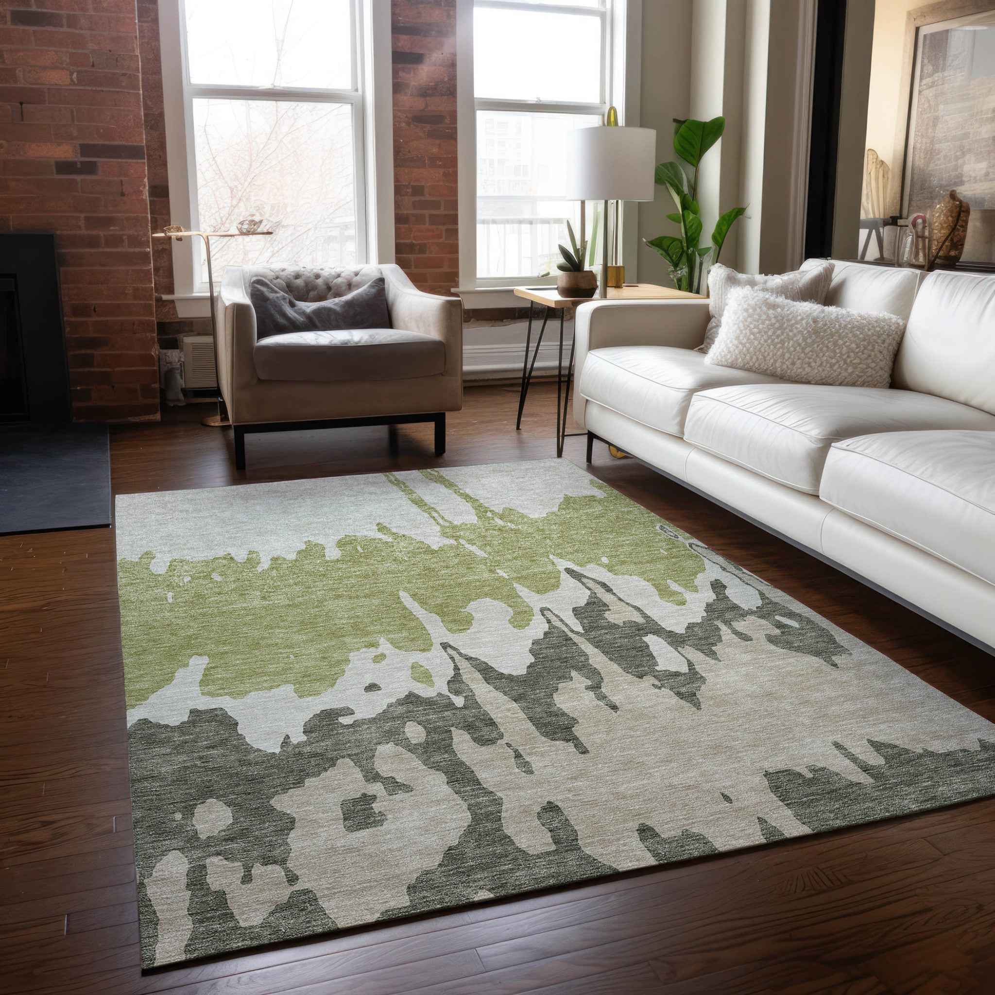 9' X 12' Sage And Ivory Abstract Washable Indoor Outdoor Area Rug