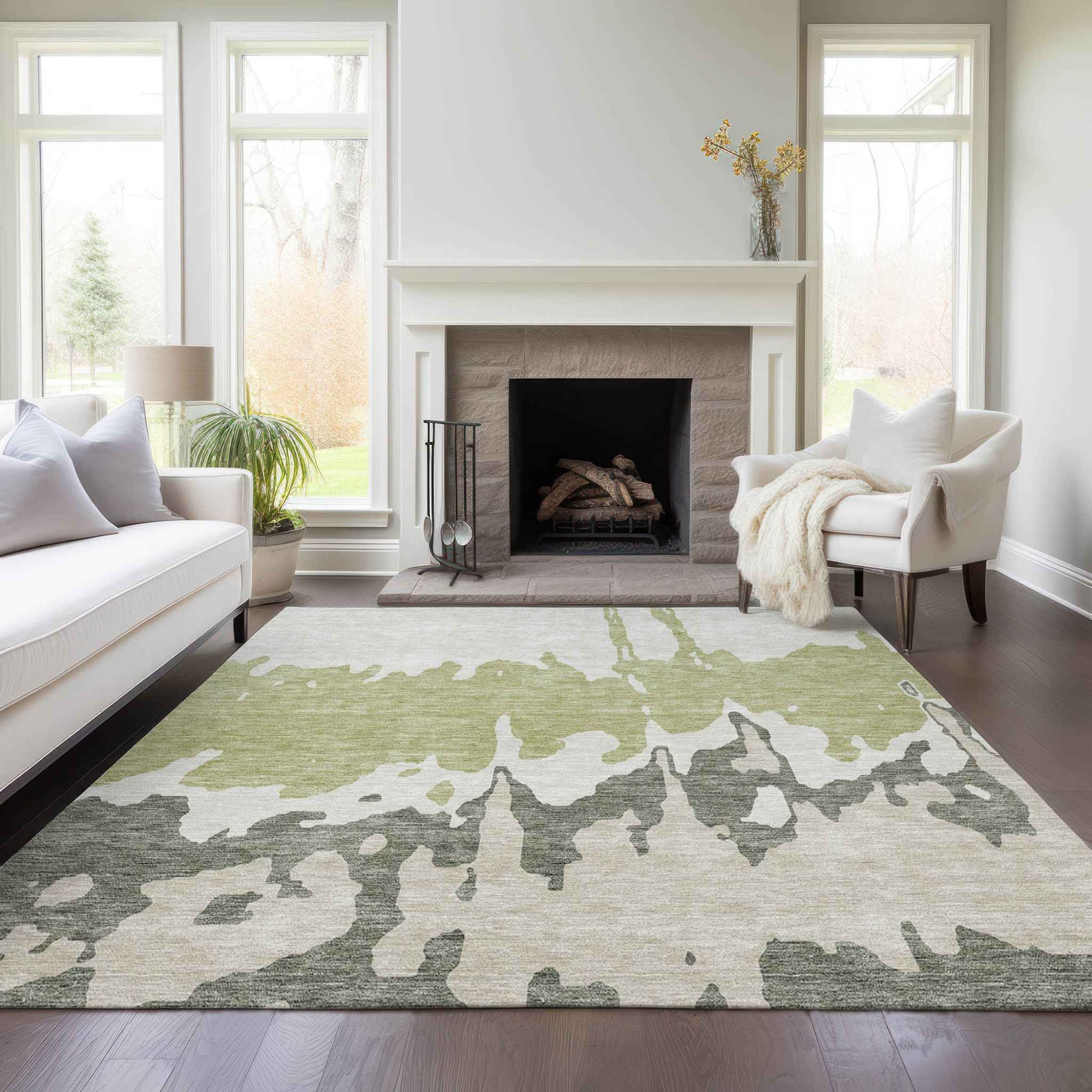 9' X 12' Sage And Ivory Abstract Washable Indoor Outdoor Area Rug