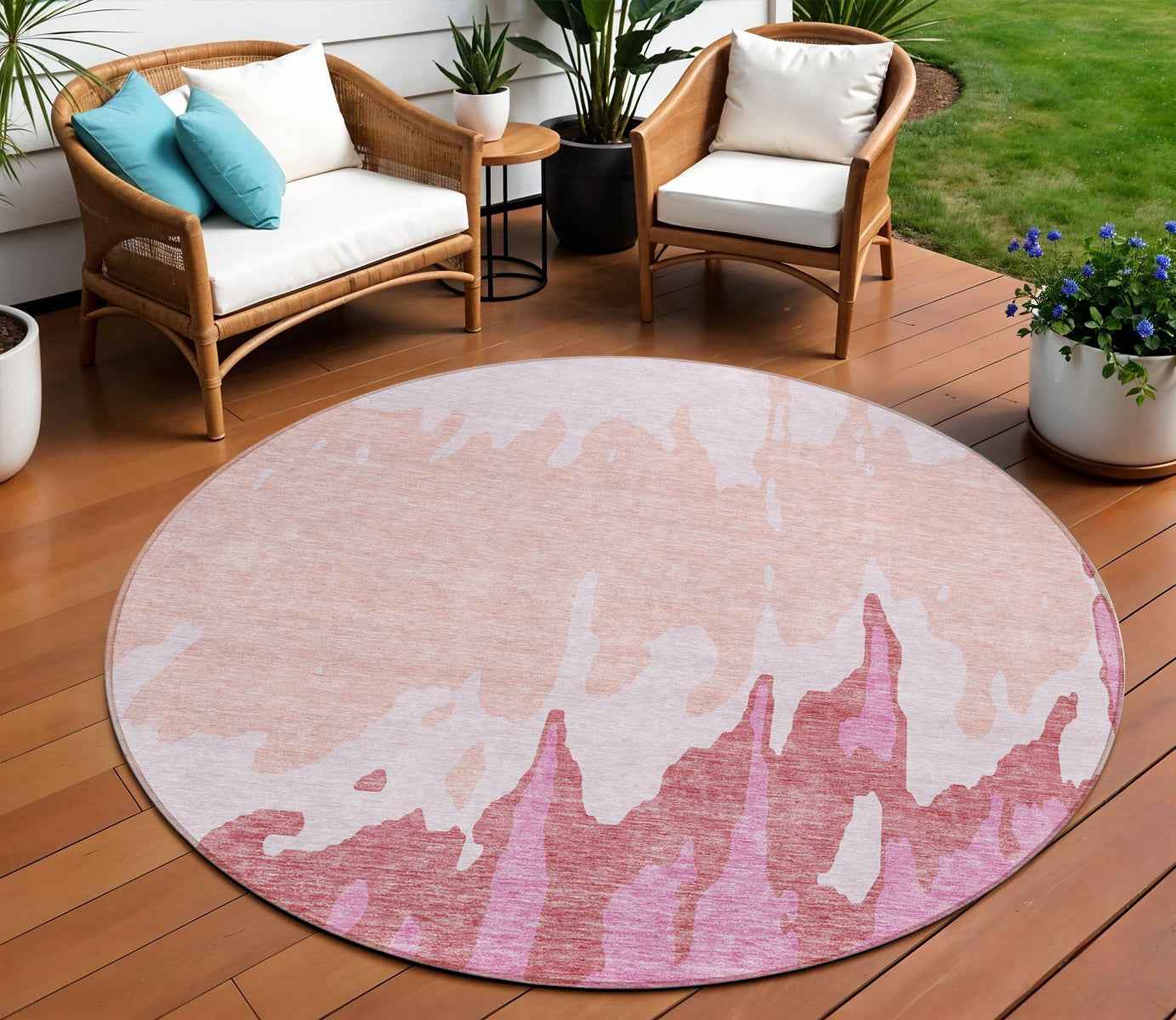 8' Blush And Pink Round Abstract Washable Indoor Outdoor Area Rug