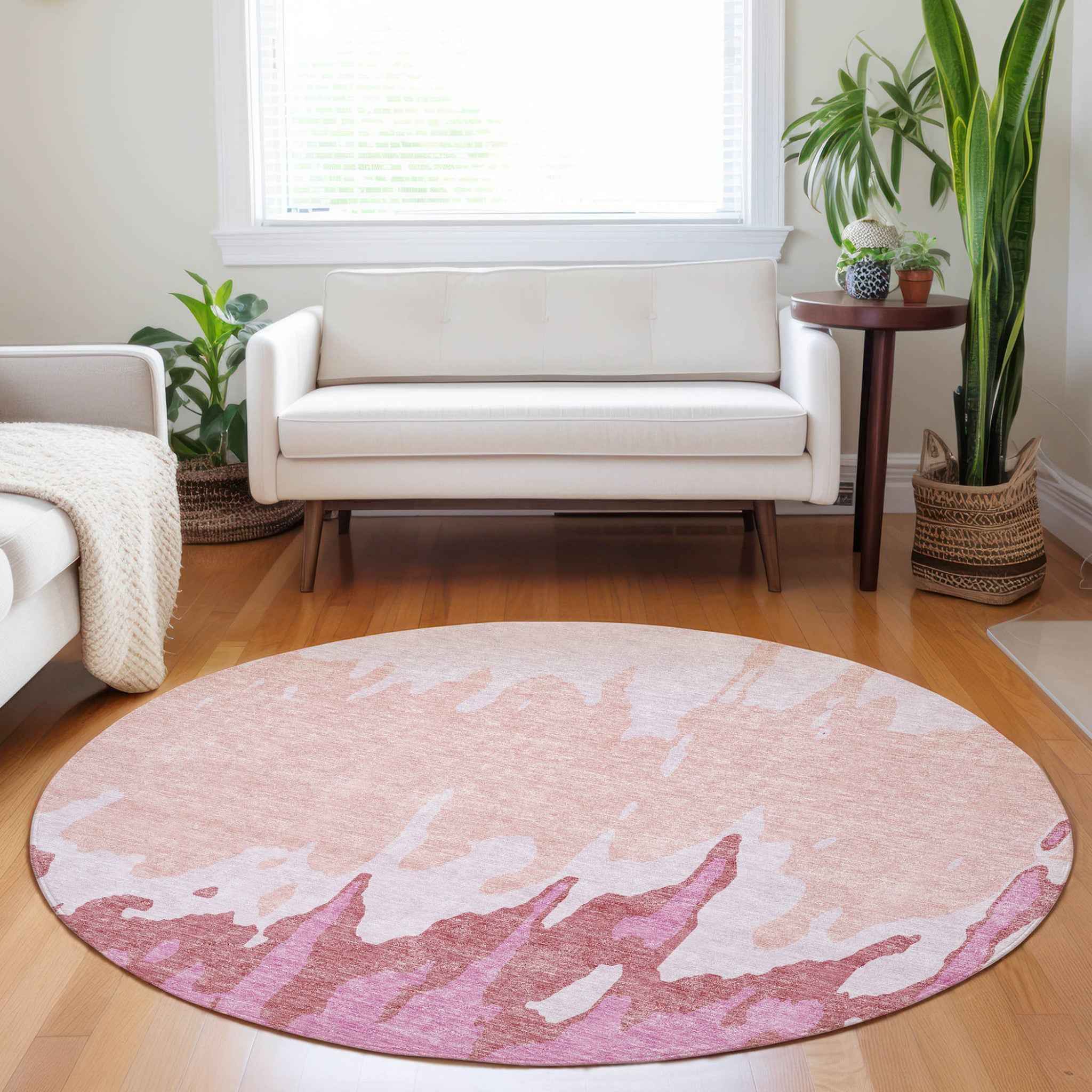 8' Blush And Pink Round Abstract Washable Indoor Outdoor Area Rug