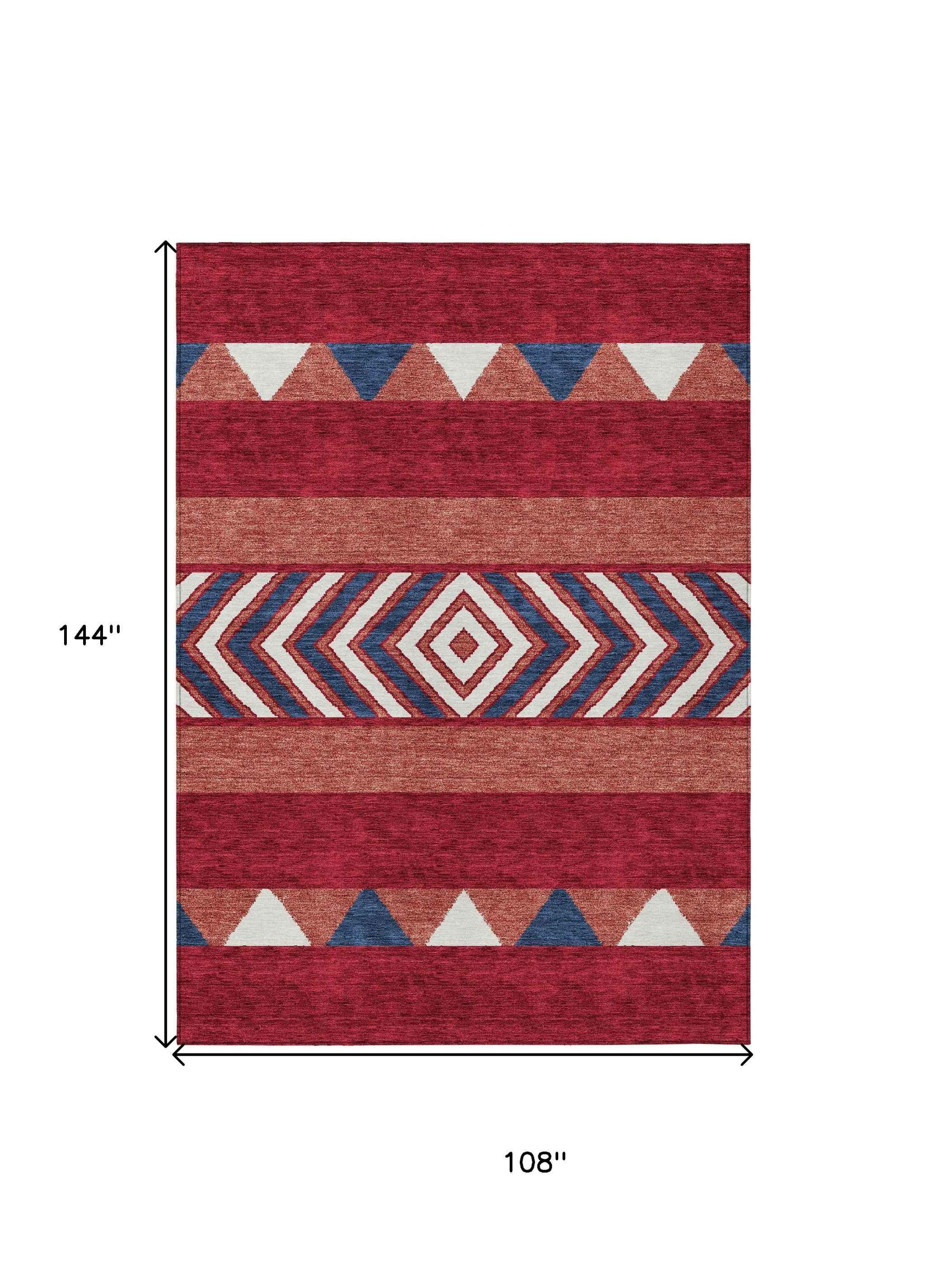 9' X 12' Red White And Navy Blue Southwestern Washable Indoor Outdoor Area Rug