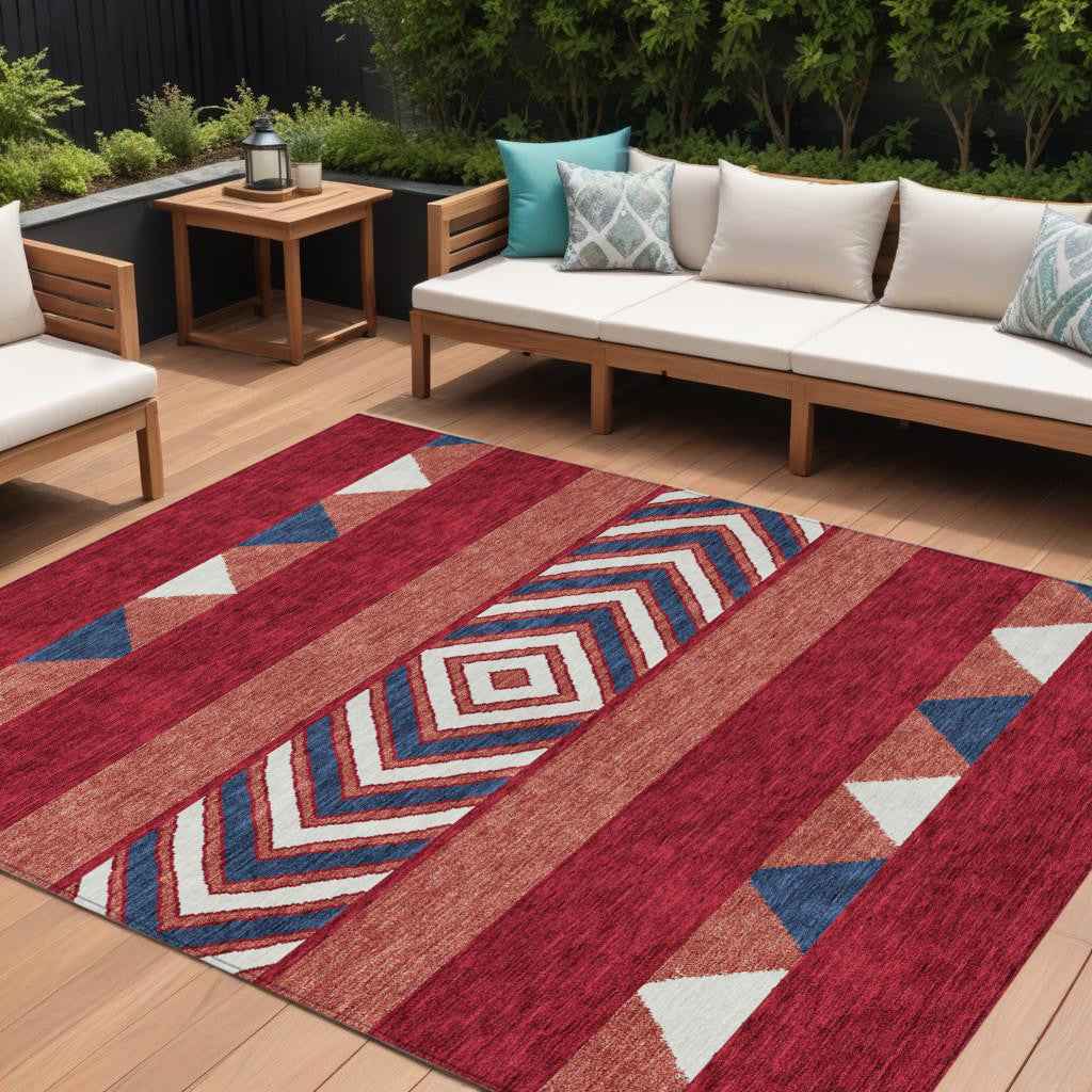 9' X 12' Red White And Navy Blue Southwestern Washable Indoor Outdoor Area Rug