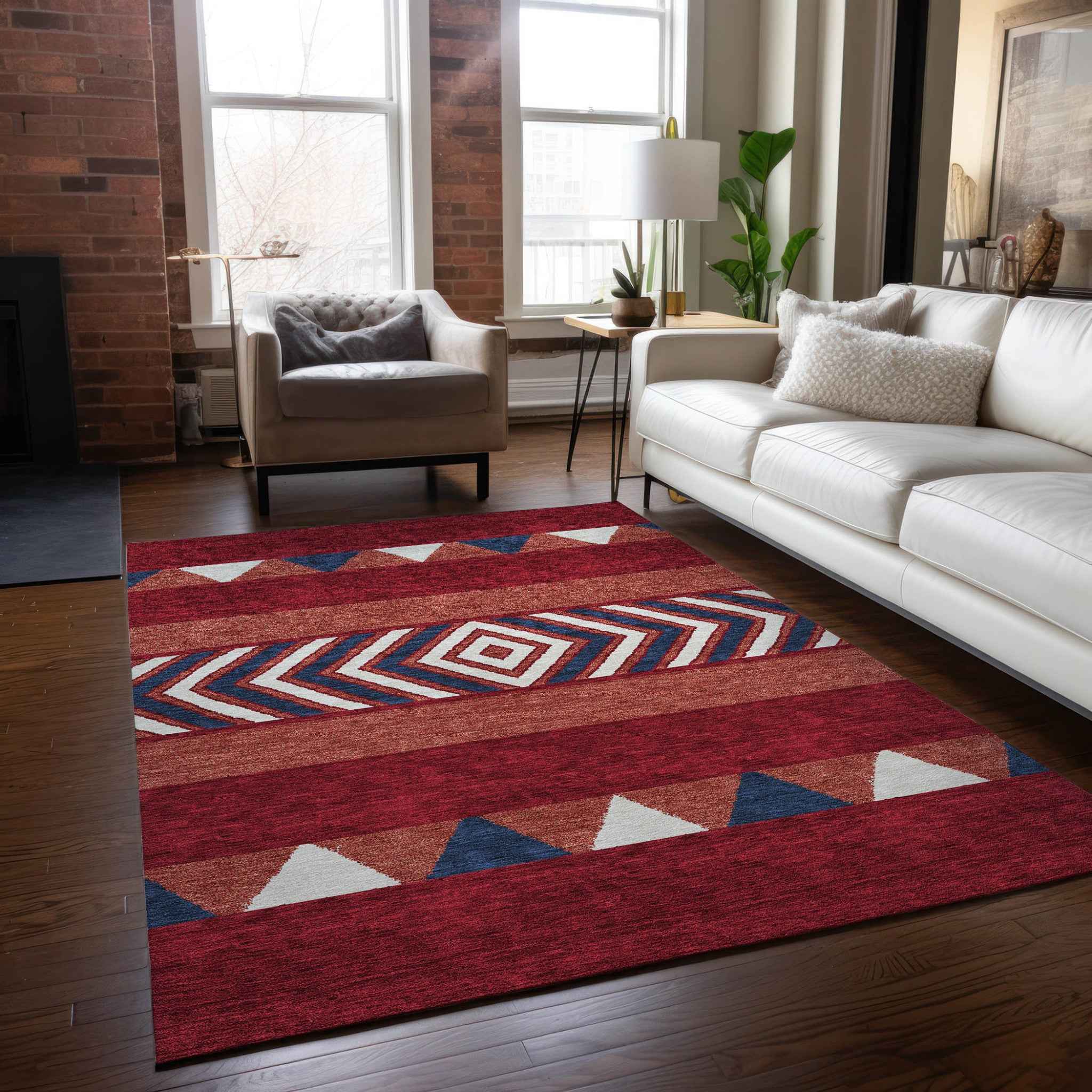 9' X 12' Red White And Navy Blue Southwestern Washable Indoor Outdoor Area Rug