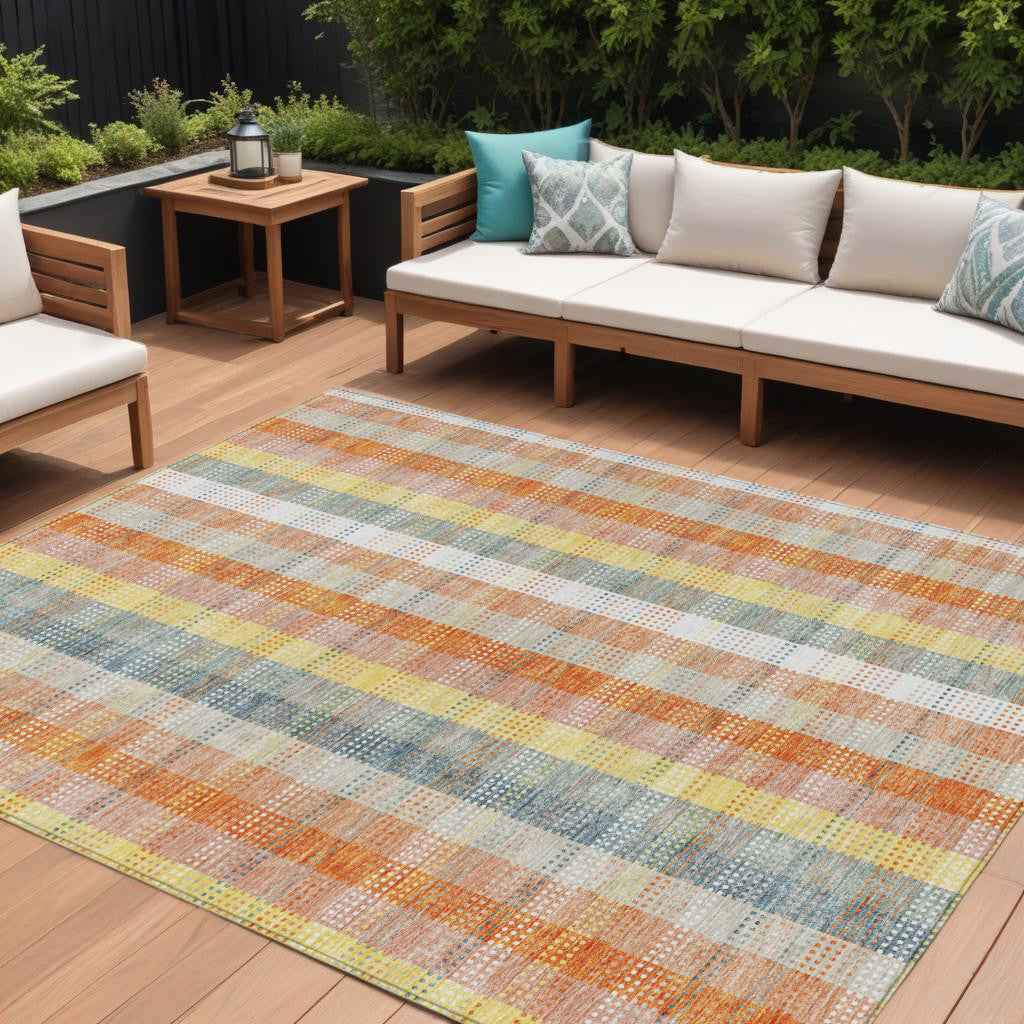 8' X 10' Peach Ivory And Orange Plaid Washable Indoor Outdoor Area Rug