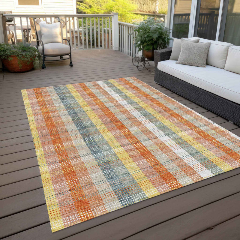 8' X 10' Peach Ivory And Orange Plaid Washable Indoor Outdoor Area Rug