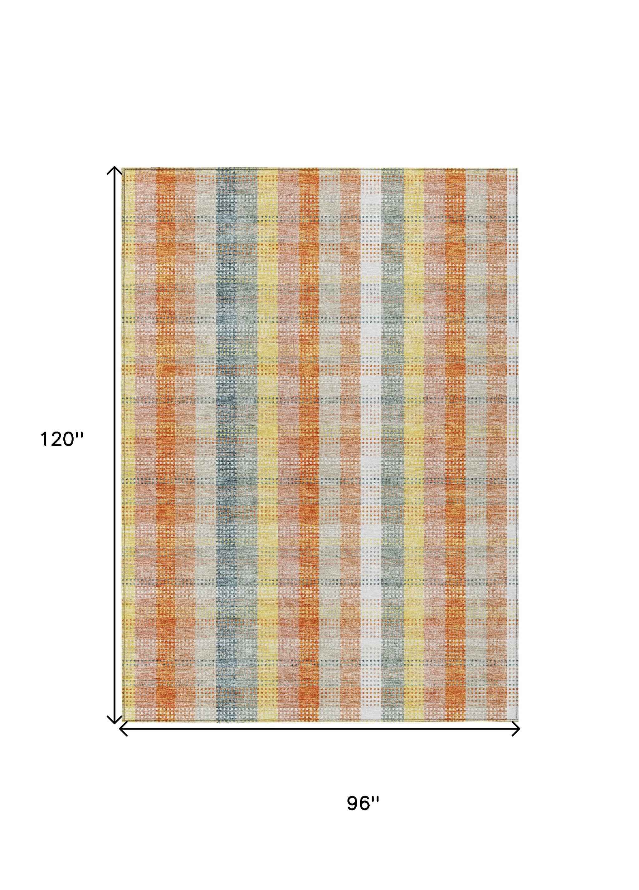 8' X 10' Peach Ivory And Orange Plaid Washable Indoor Outdoor Area Rug