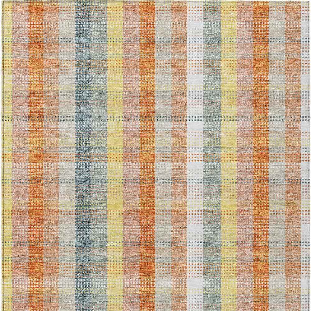 8' X 10' Peach Ivory And Orange Plaid Washable Indoor Outdoor Area Rug