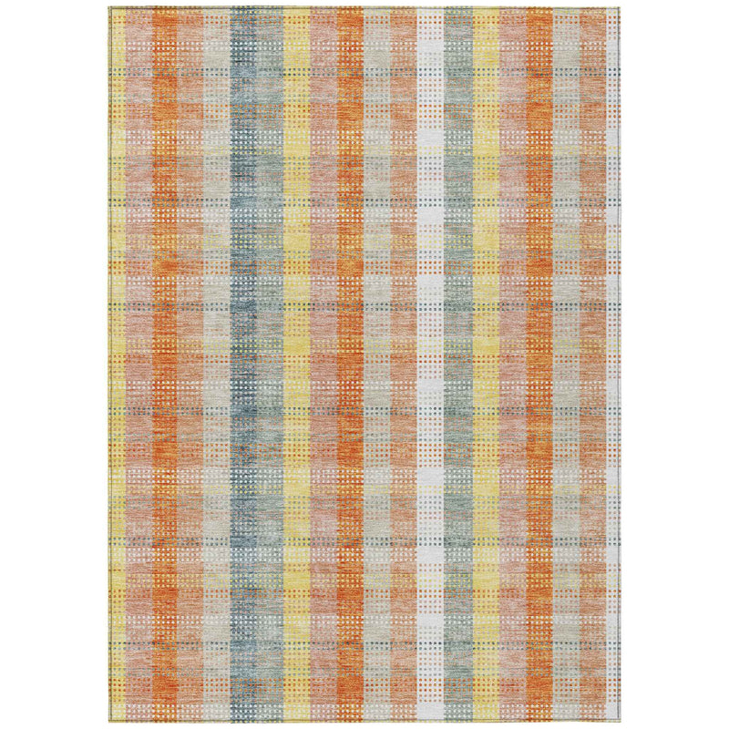 8' X 10' Peach Ivory And Orange Plaid Washable Indoor Outdoor Area Rug