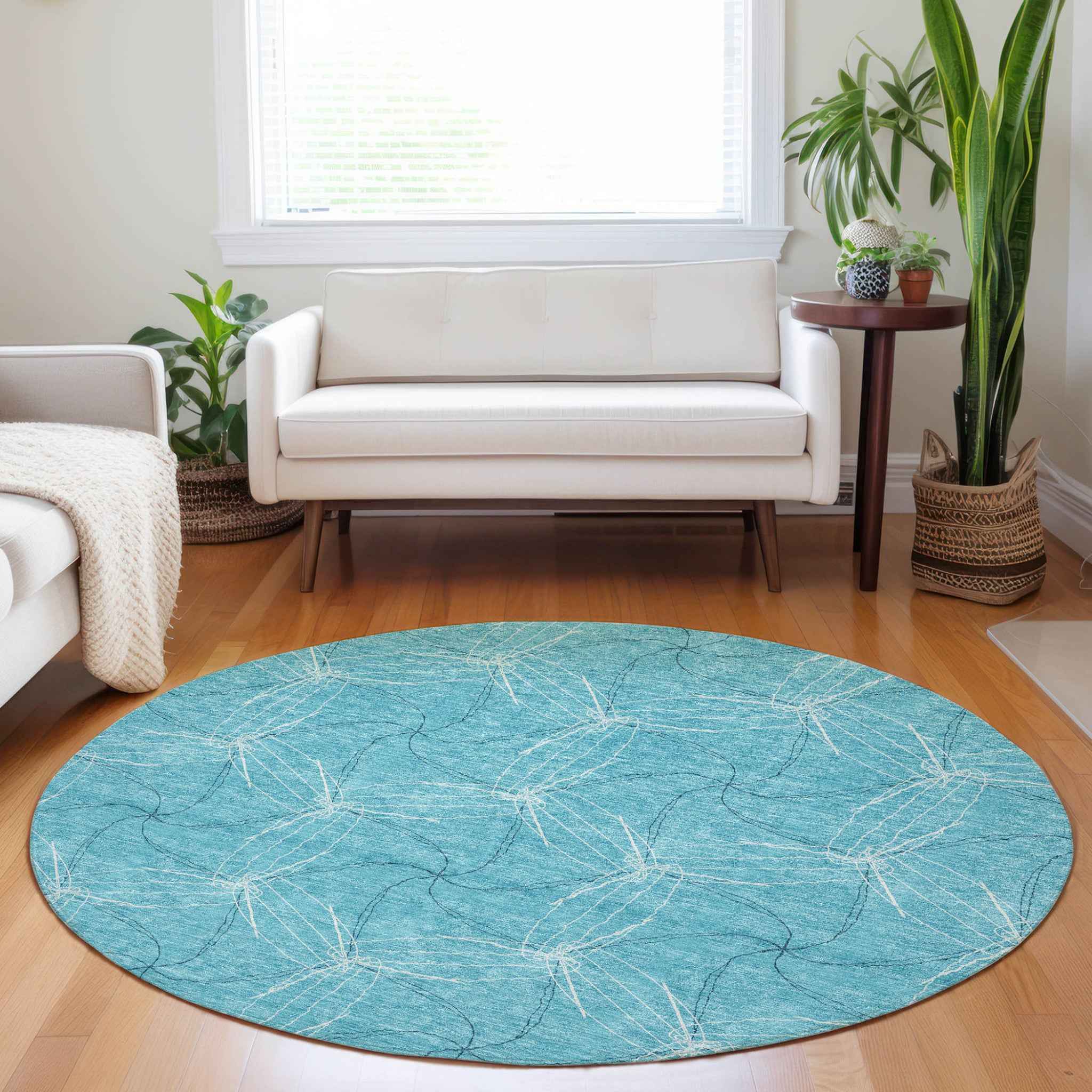 8' Aqua And Ivory Round Geometric Washable Indoor Outdoor Area Rug
