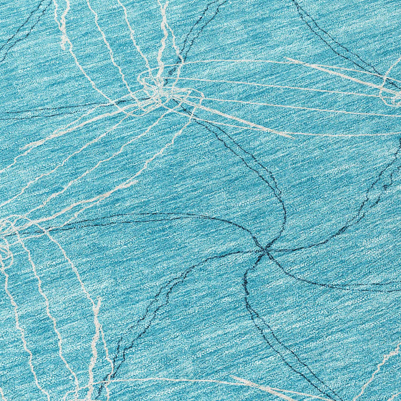 8' Aqua And Ivory Round Geometric Washable Indoor Outdoor Area Rug