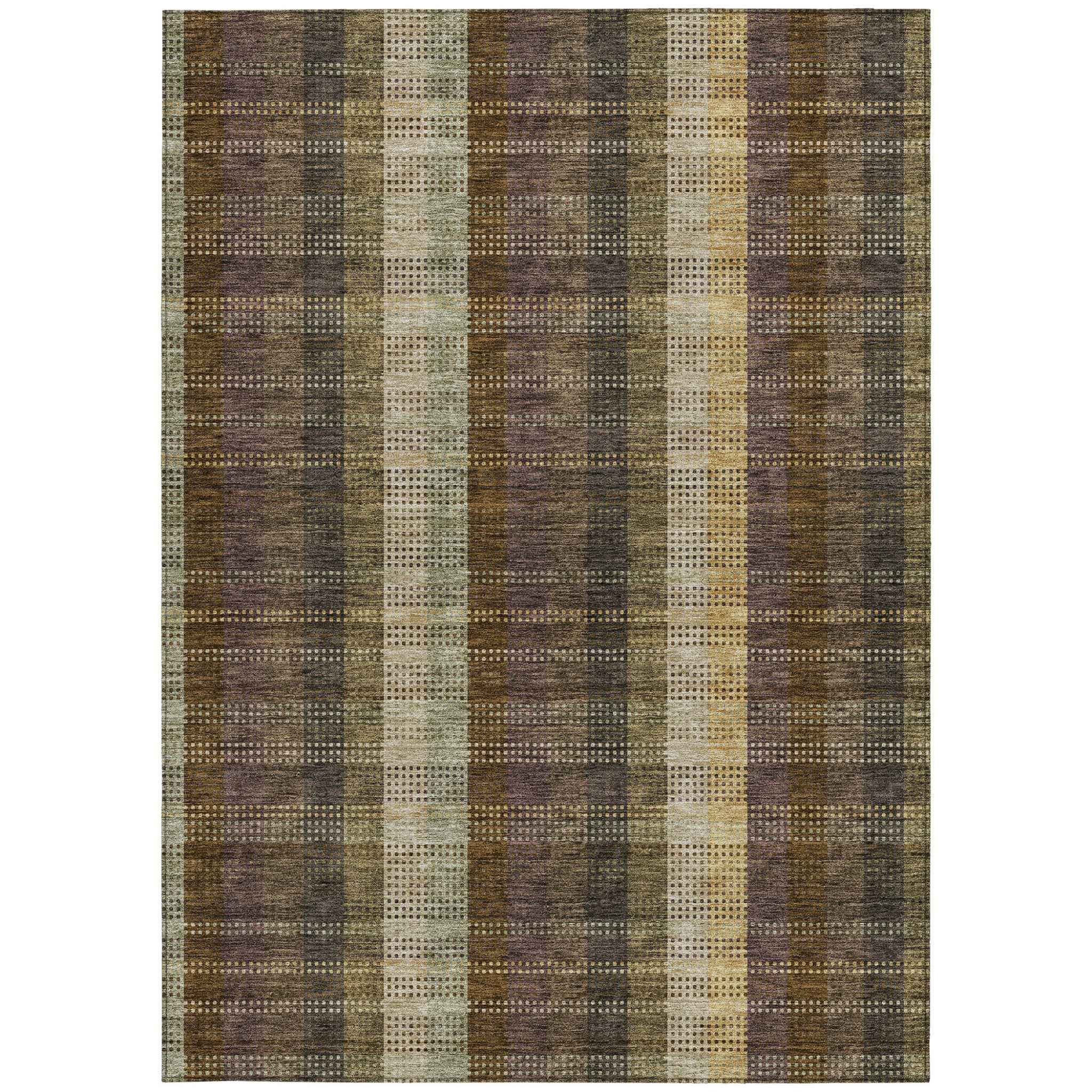 5' X 8' Brown Taupe And Plum Plaid Washable Indoor Outdoor Area Rug