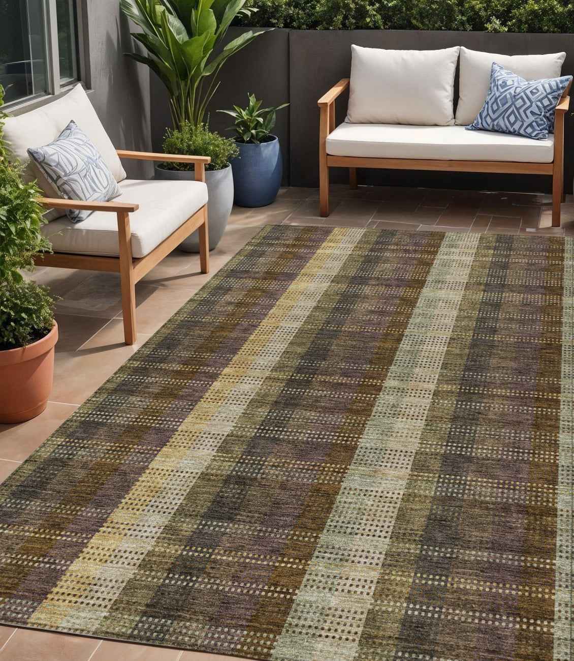 5' X 8' Brown Taupe And Plum Plaid Washable Indoor Outdoor Area Rug