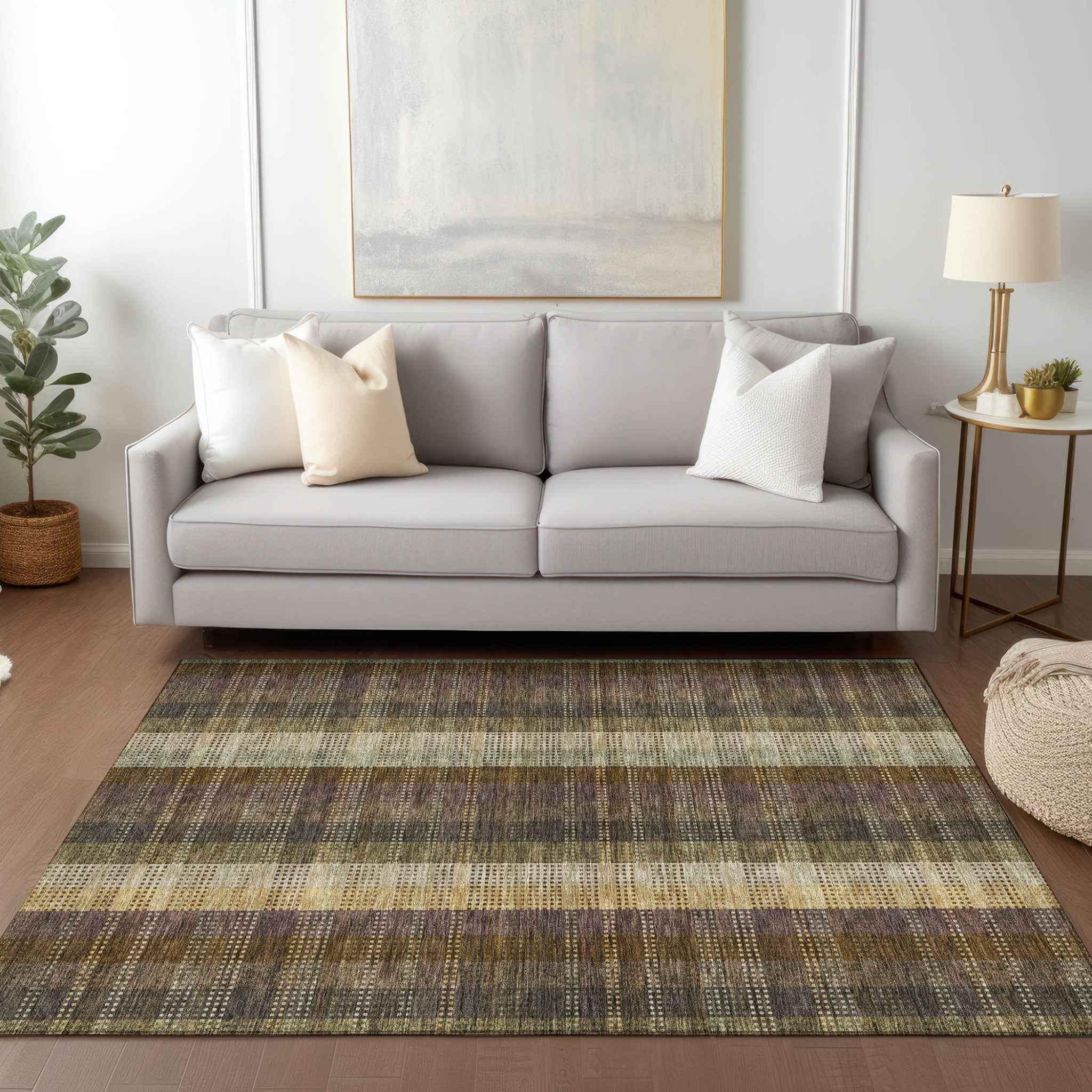 5' X 8' Brown Taupe And Plum Plaid Washable Indoor Outdoor Area Rug
