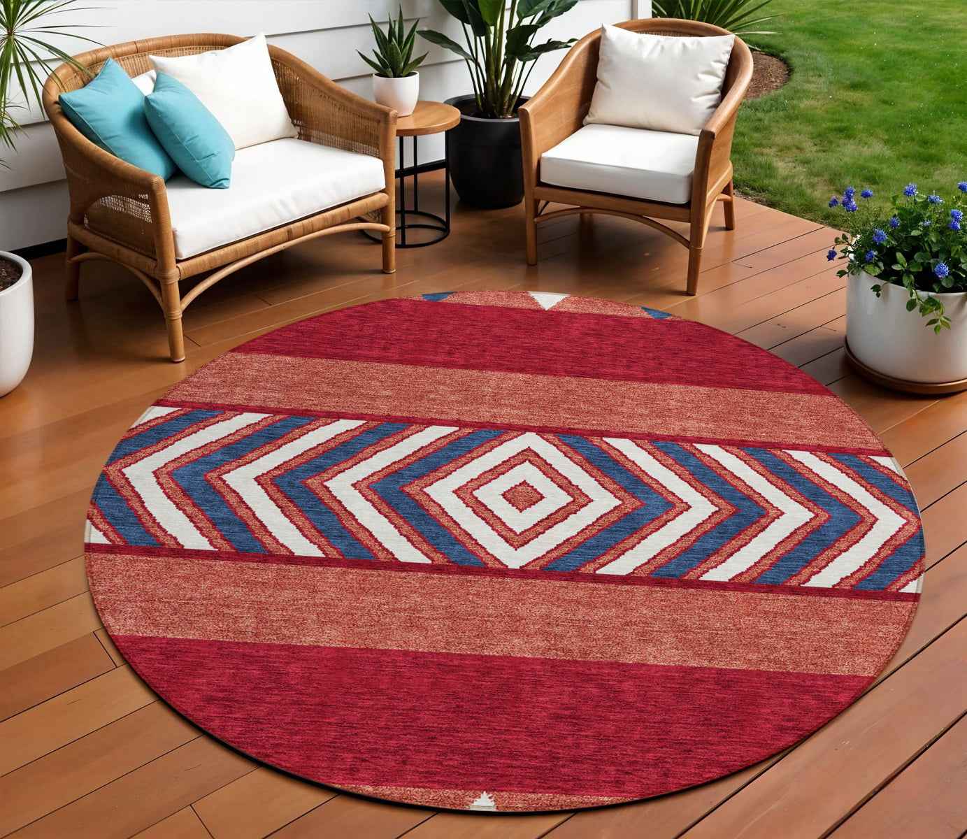 8' Red White And Navy Blue Round Southwestern Washable Indoor Outdoor Area Rug